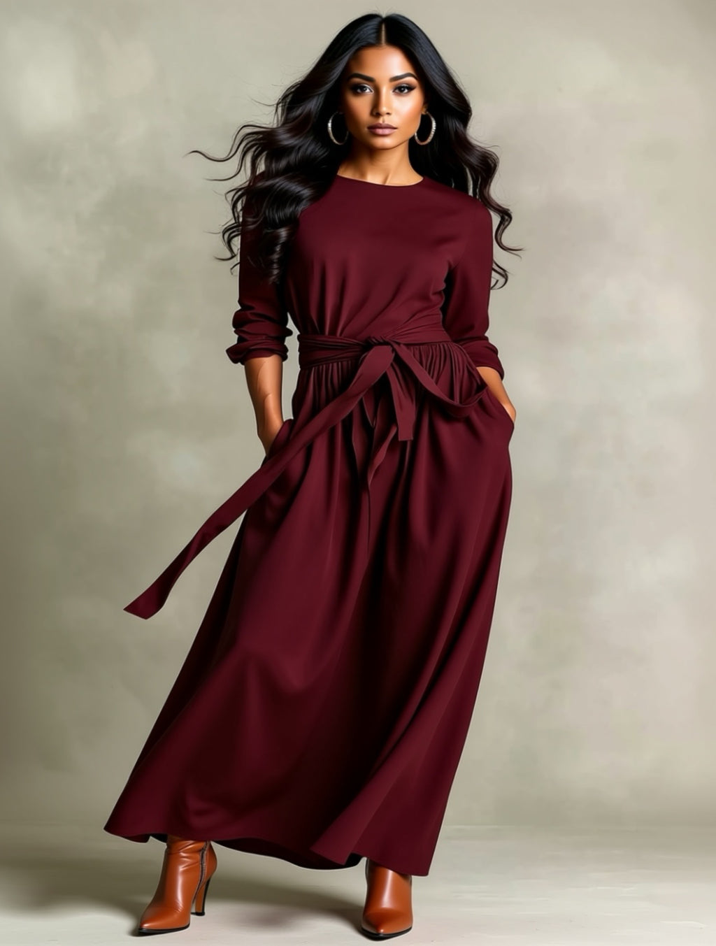 Long Sleeve Belted Maxi Dress