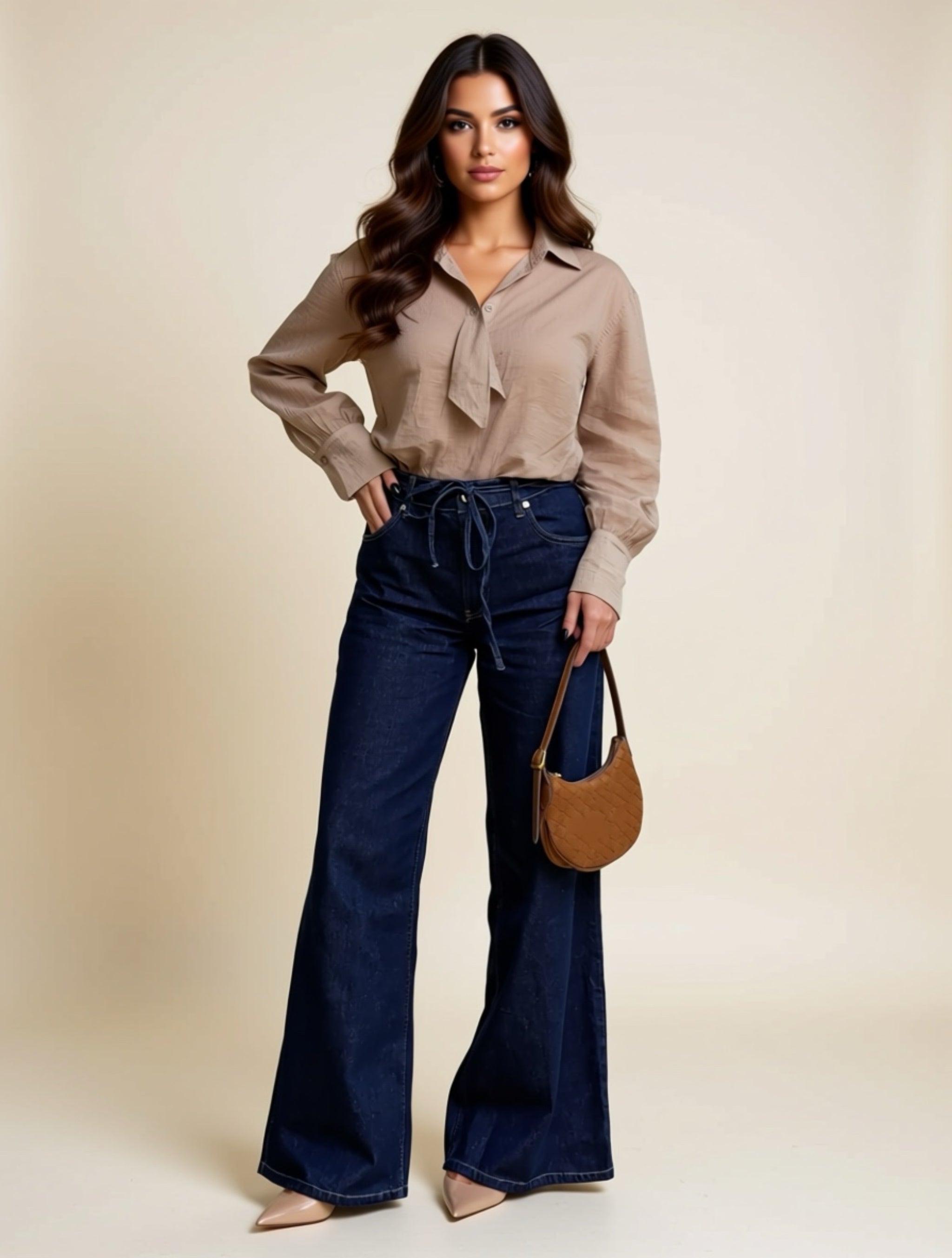 High‑Waist Wide‑Leg Jeans with Front Tie