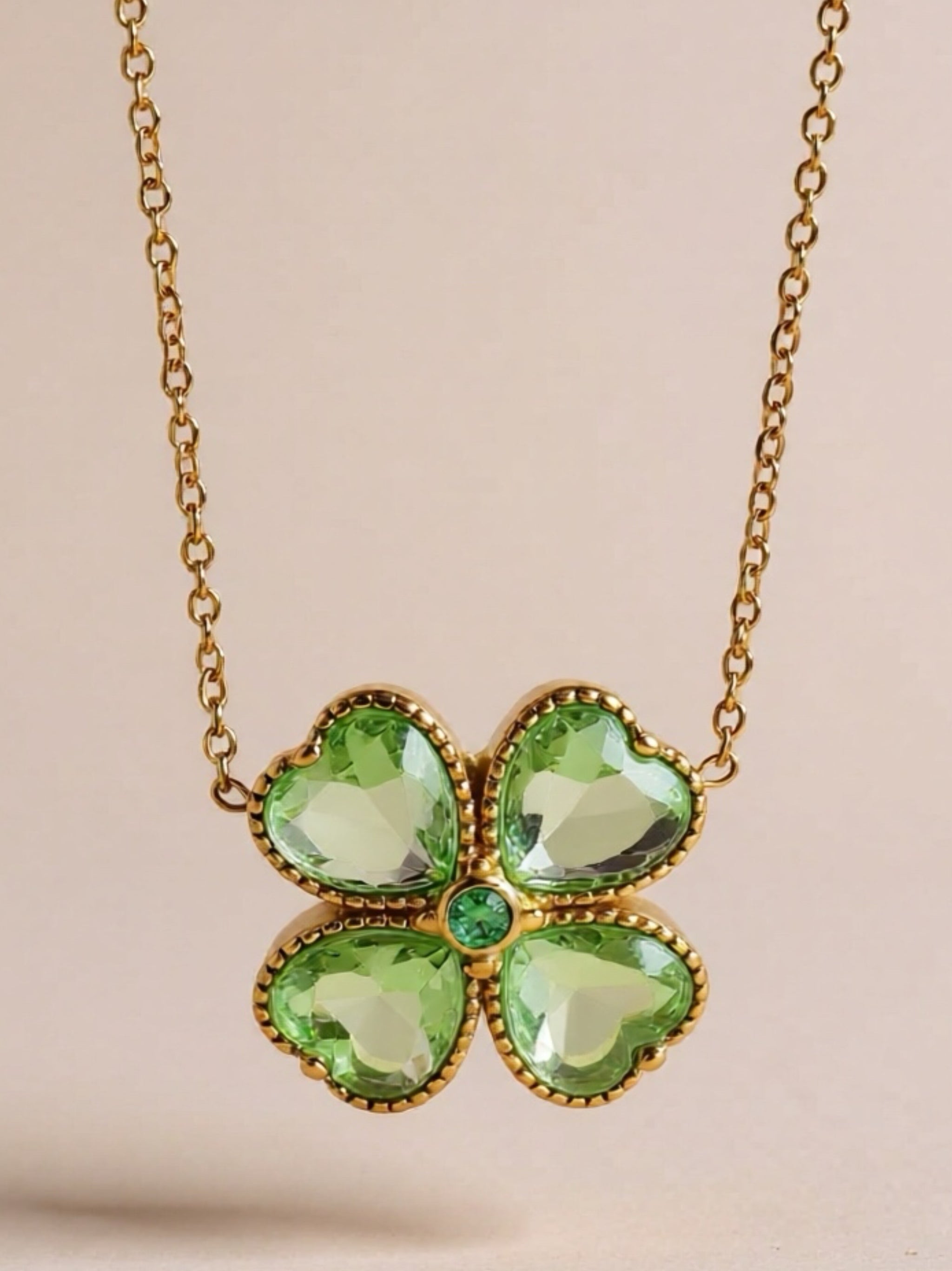 Gold Stainless Steel CZ Lucky Clover Pendant Necklace