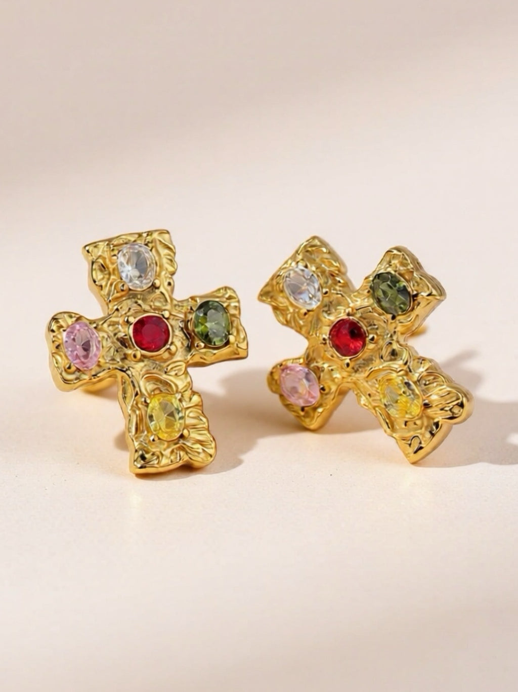 18K Gold Stainless Steel CZ Cross Earrings
