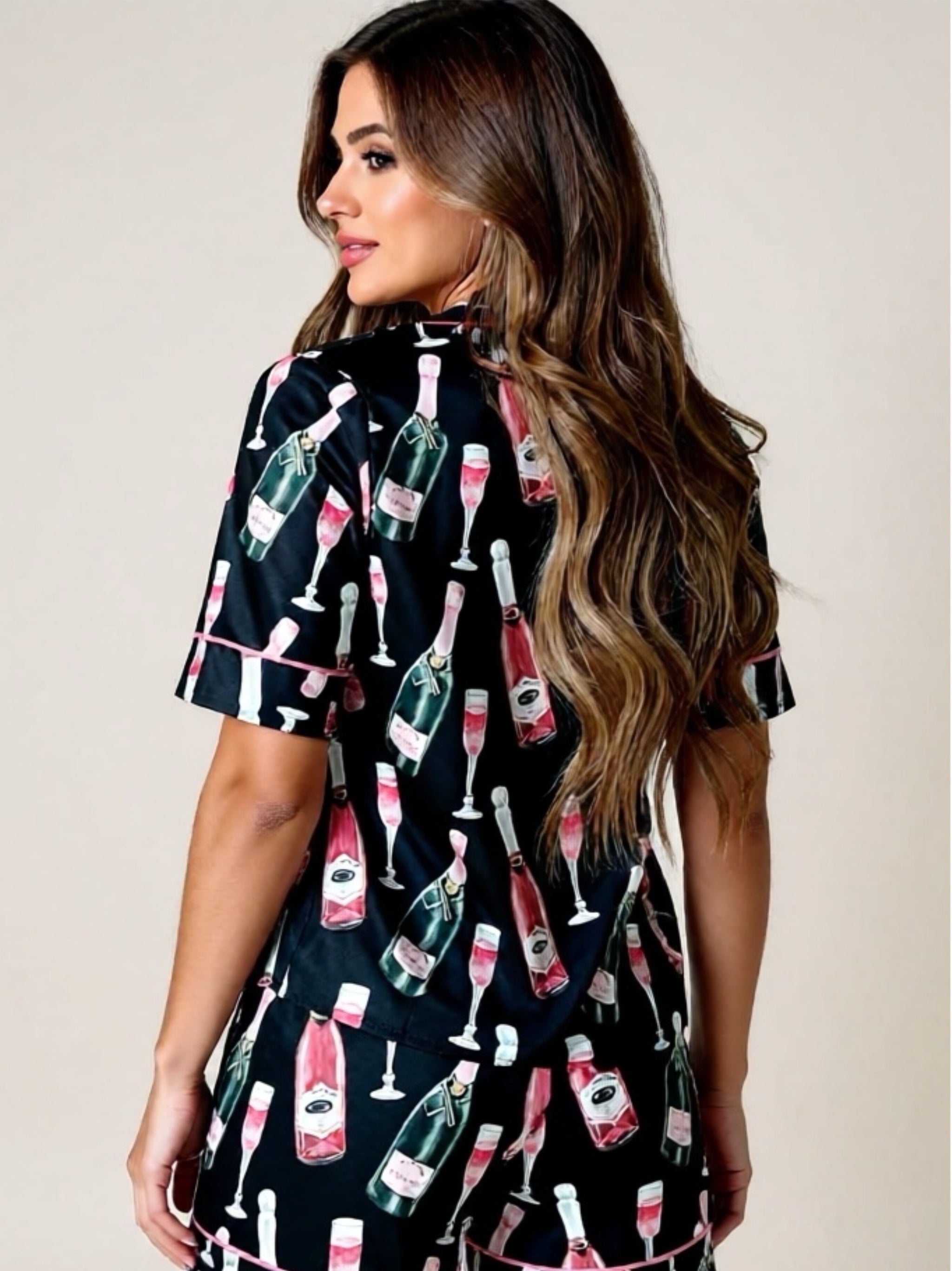 Champagne Print Short Sleeve Top & Shorts Pajama Set
