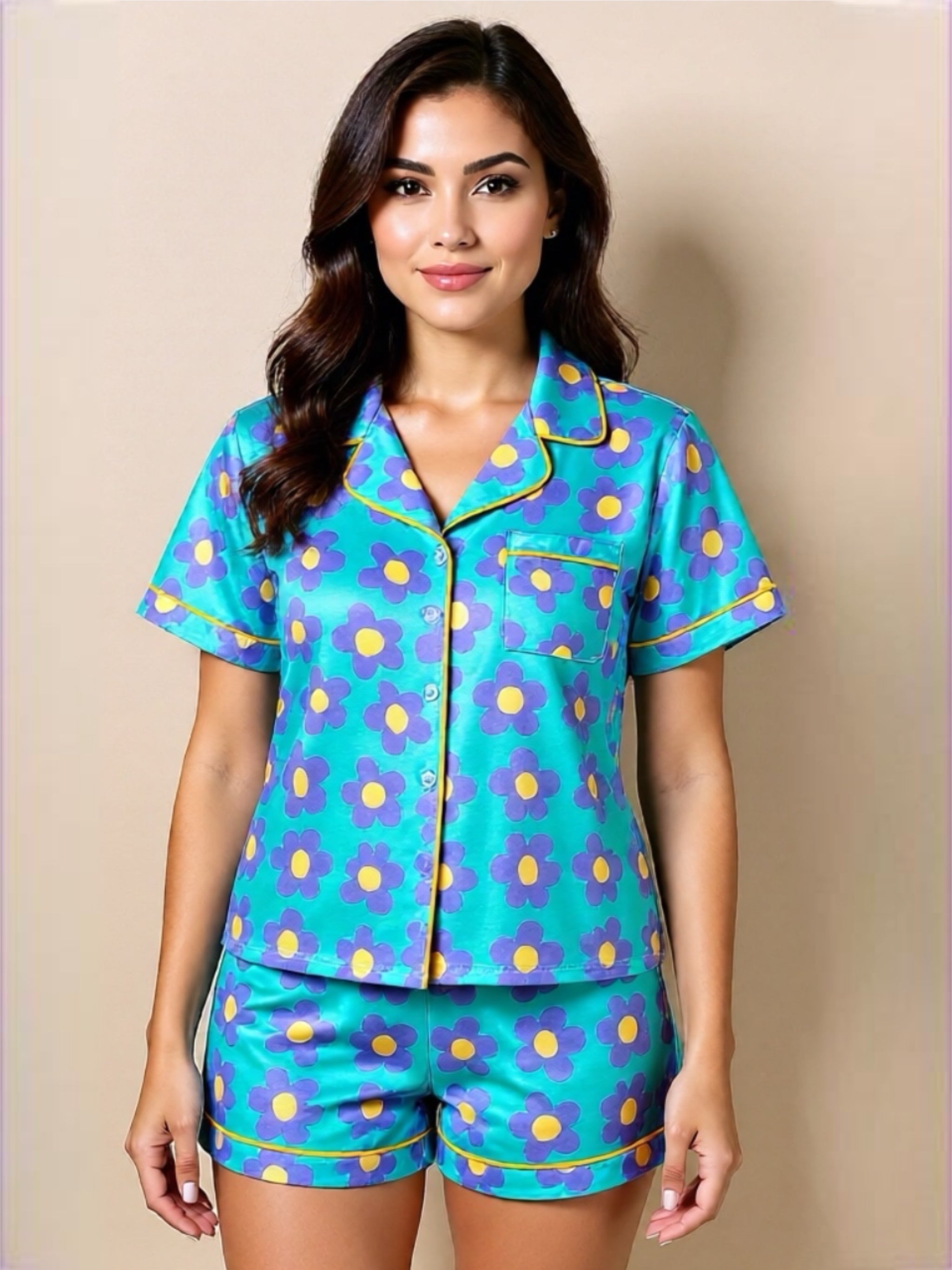 Pocketed Flower Half Sleeve Top & Shorts Pajama Set