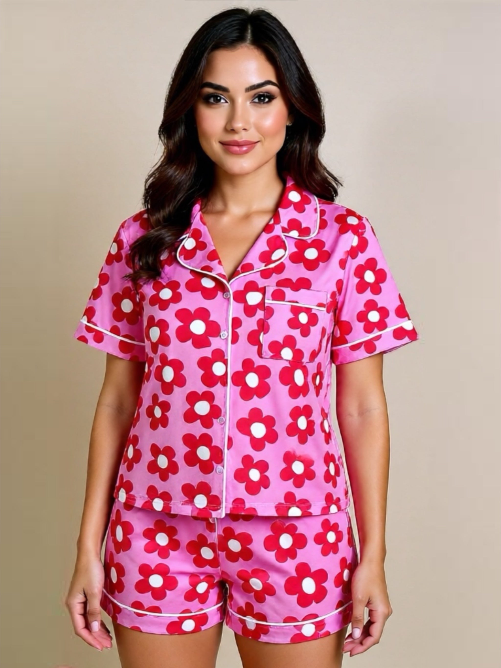 Pocketed Flower Half Sleeve Top & Shorts Pajama Set