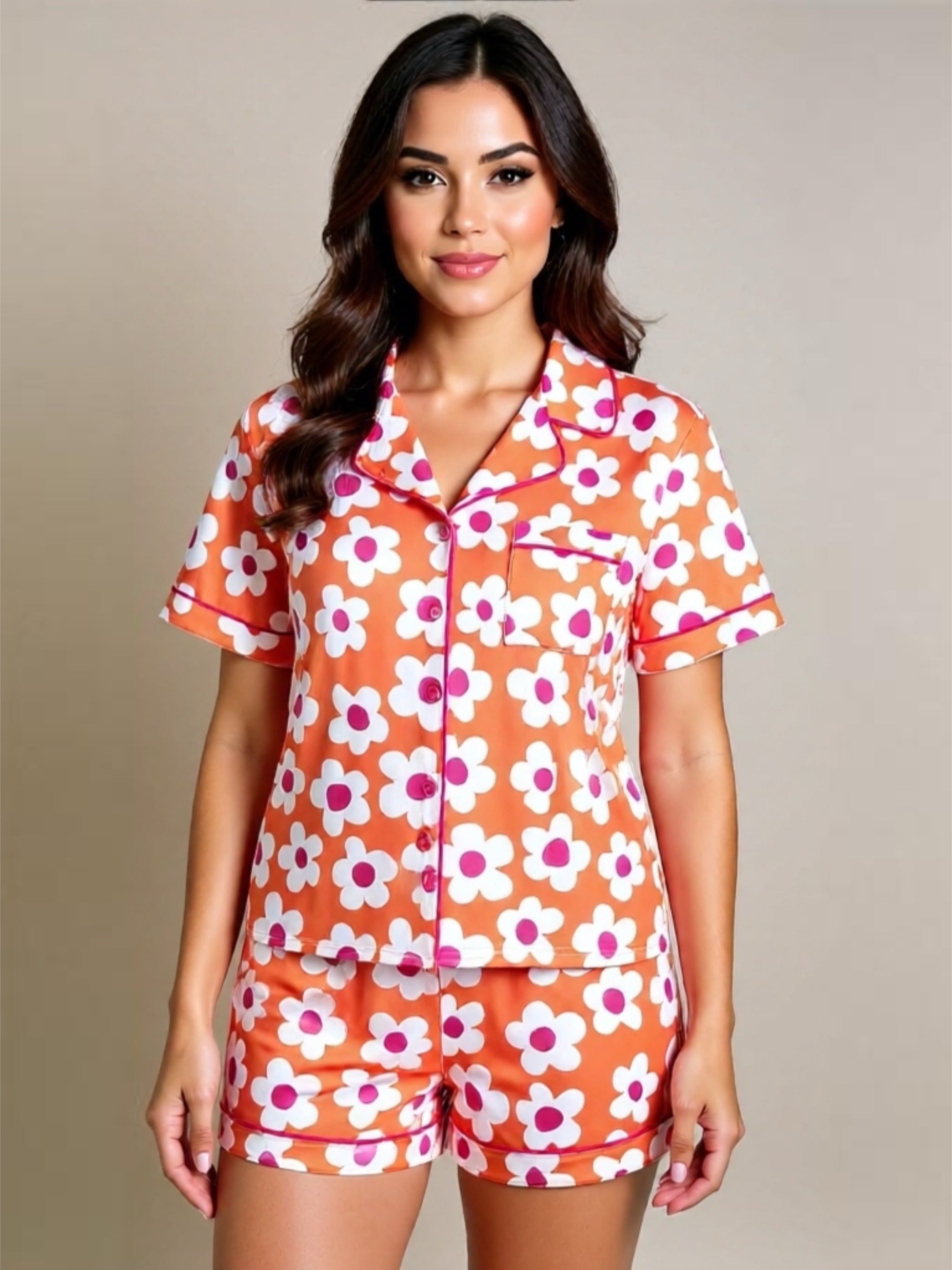 Pocketed Flower Half Sleeve Top & Shorts Pajama Set