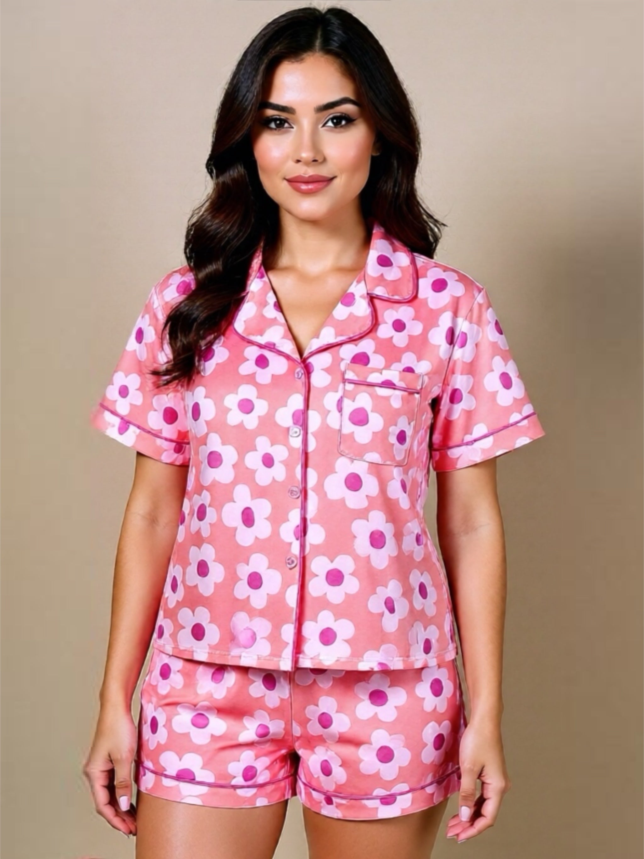 Pocketed Flower Half Sleeve Top & Shorts Pajama Set