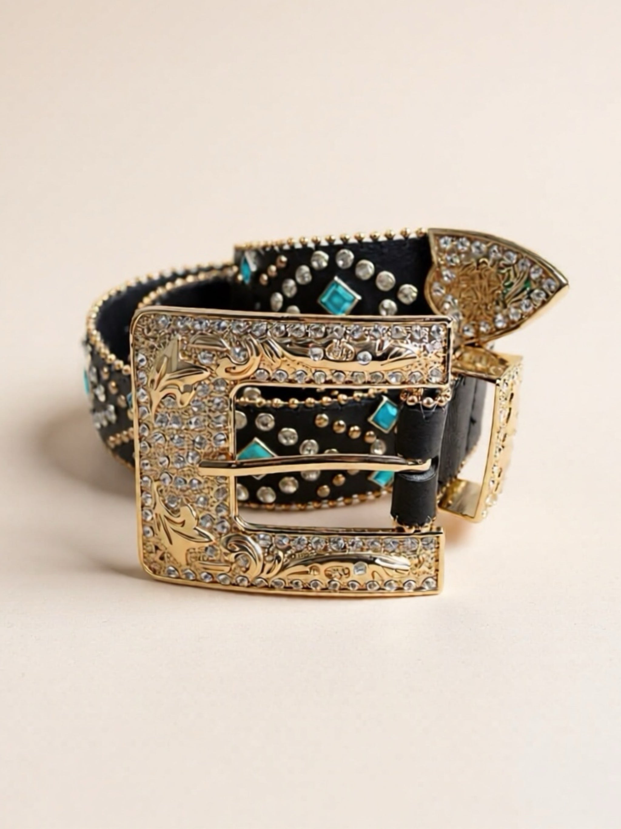 Black Rhinestone Vegan Leather Belt