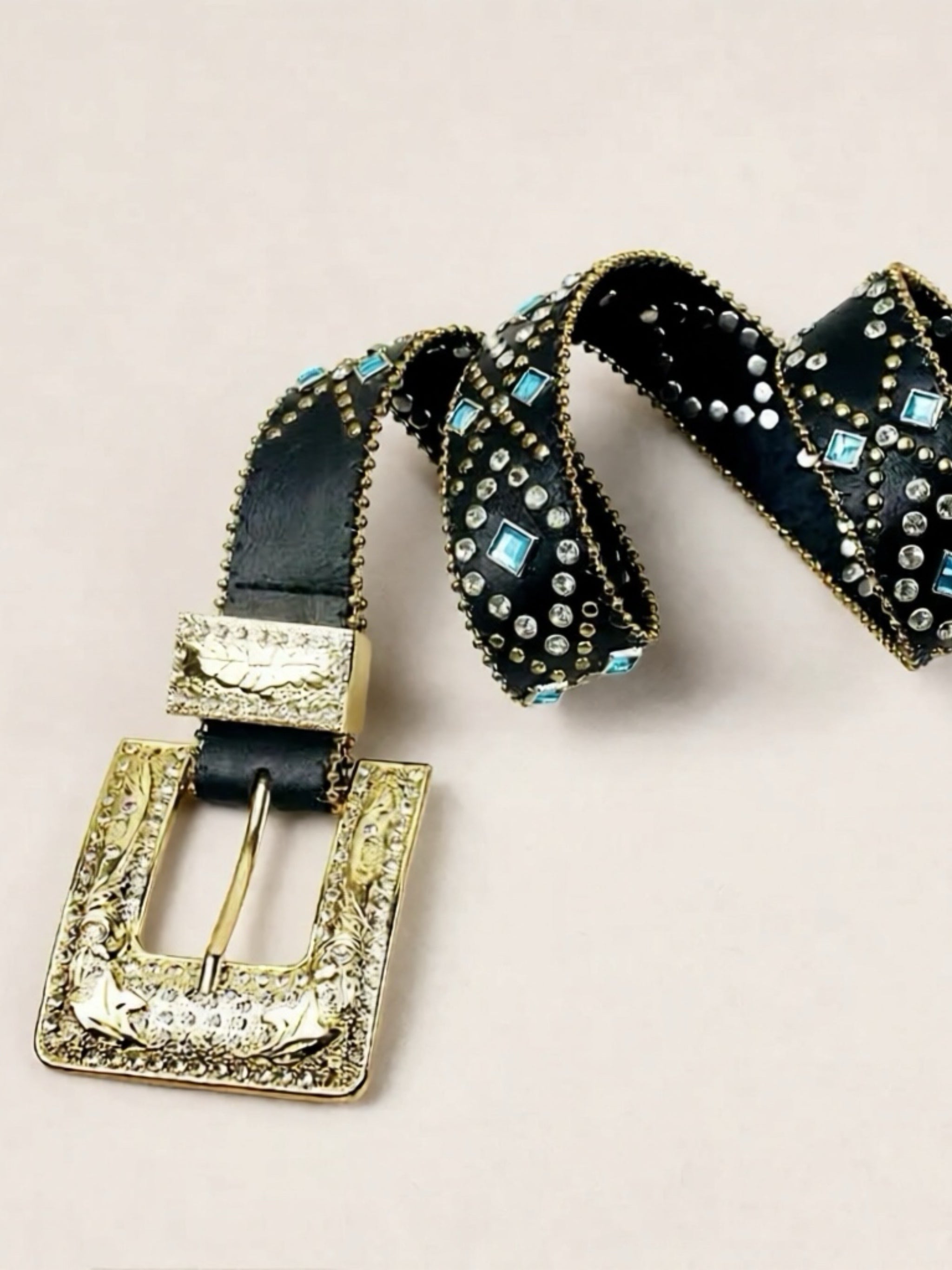Black Rhinestone Vegan Leather Belt