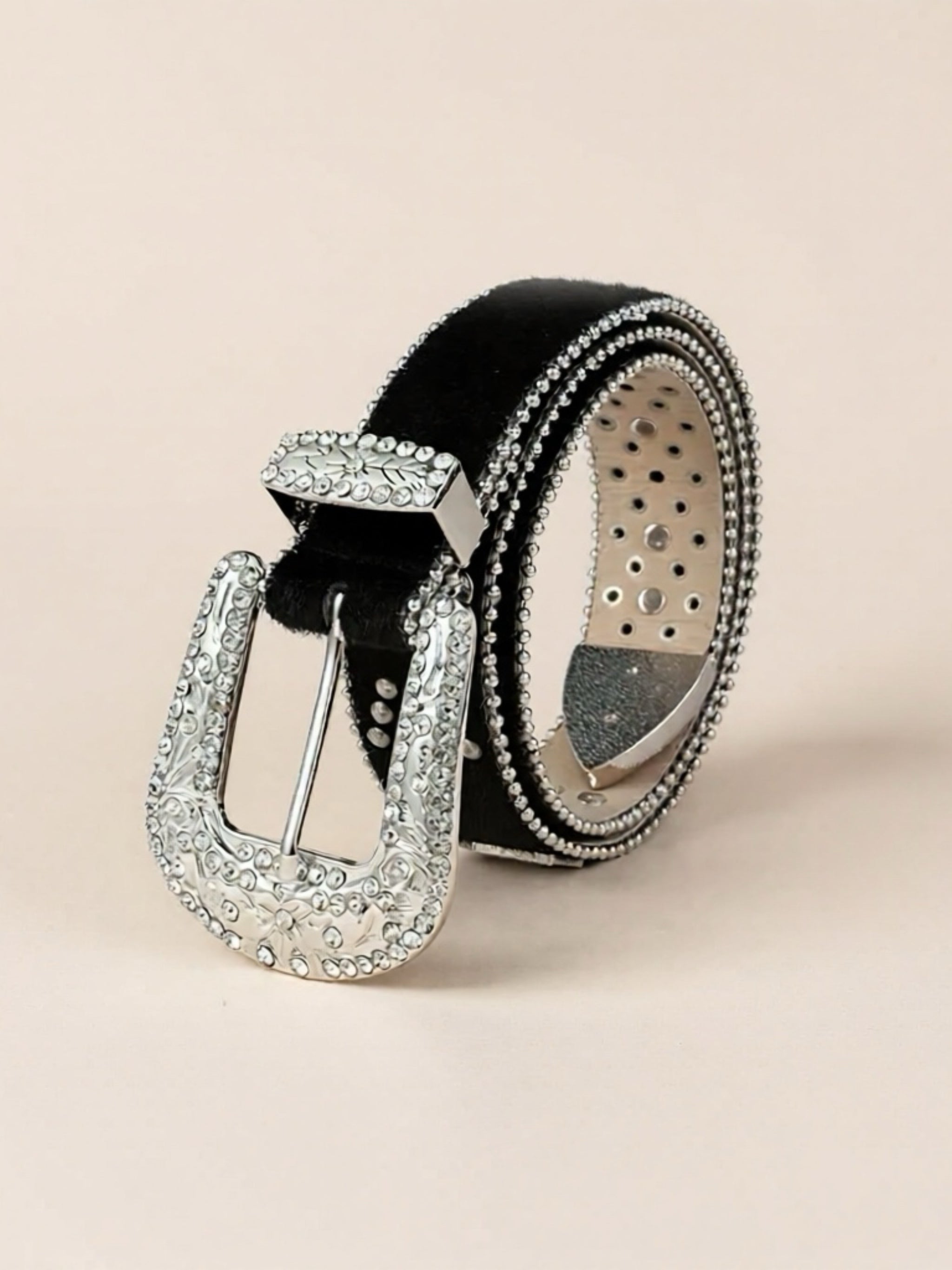 Black Vegan Leather Inlaid Rhinestone Belt