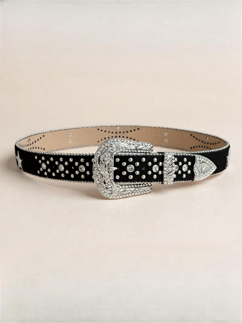 Black Vegan Leather Inlaid Rhinestone Belt