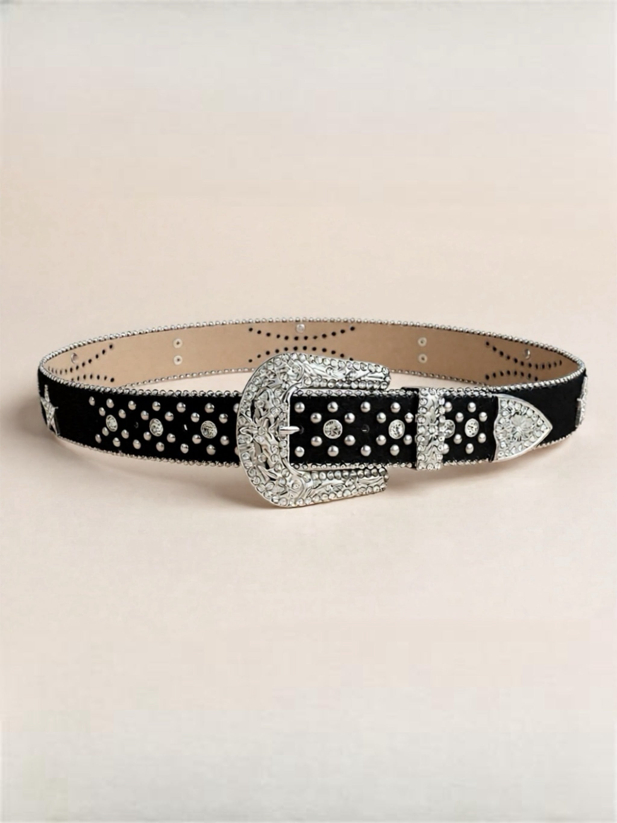 Black Vegan Leather Inlaid Rhinestone Belt