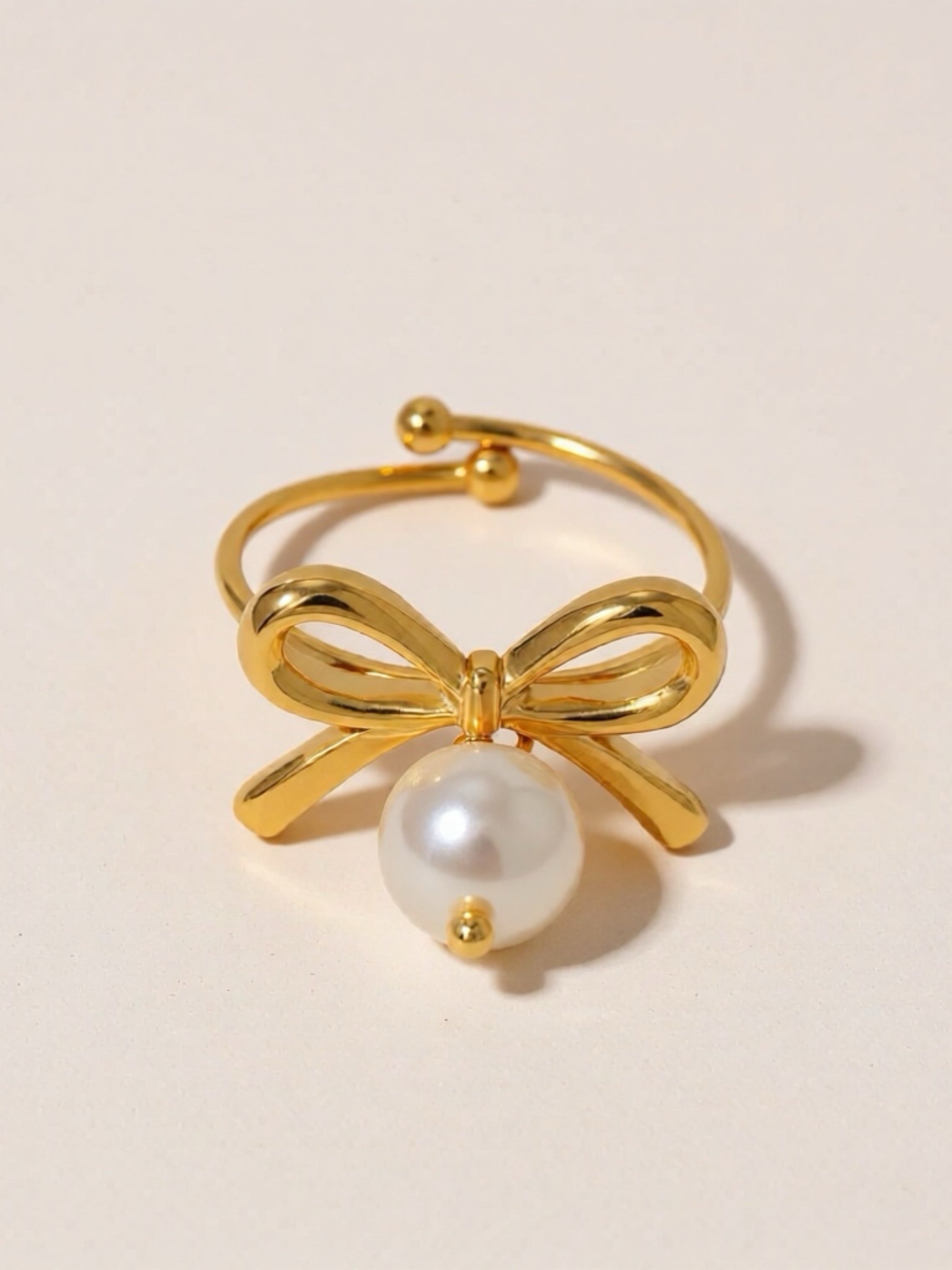 Gold Stainless Steel Pearl Bow Ring