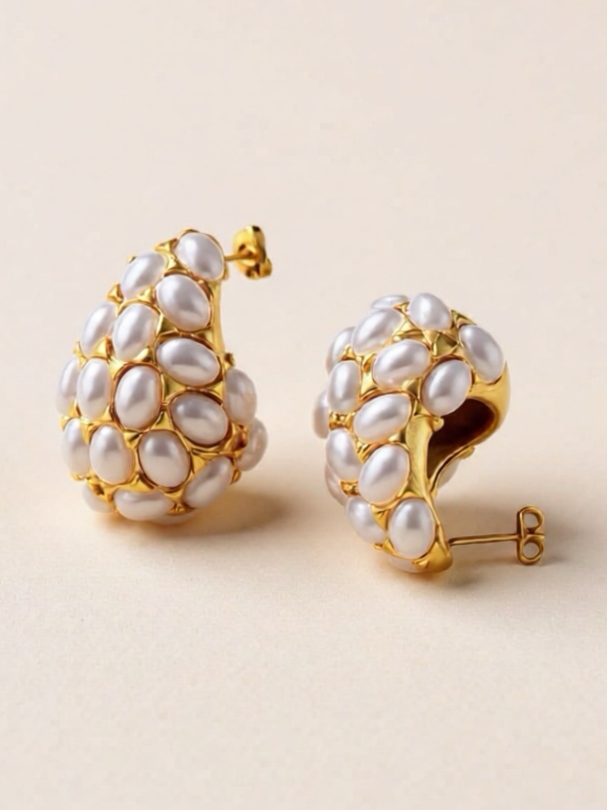Gold Titanium Steel Inlaid Imitation Pearl Earrings