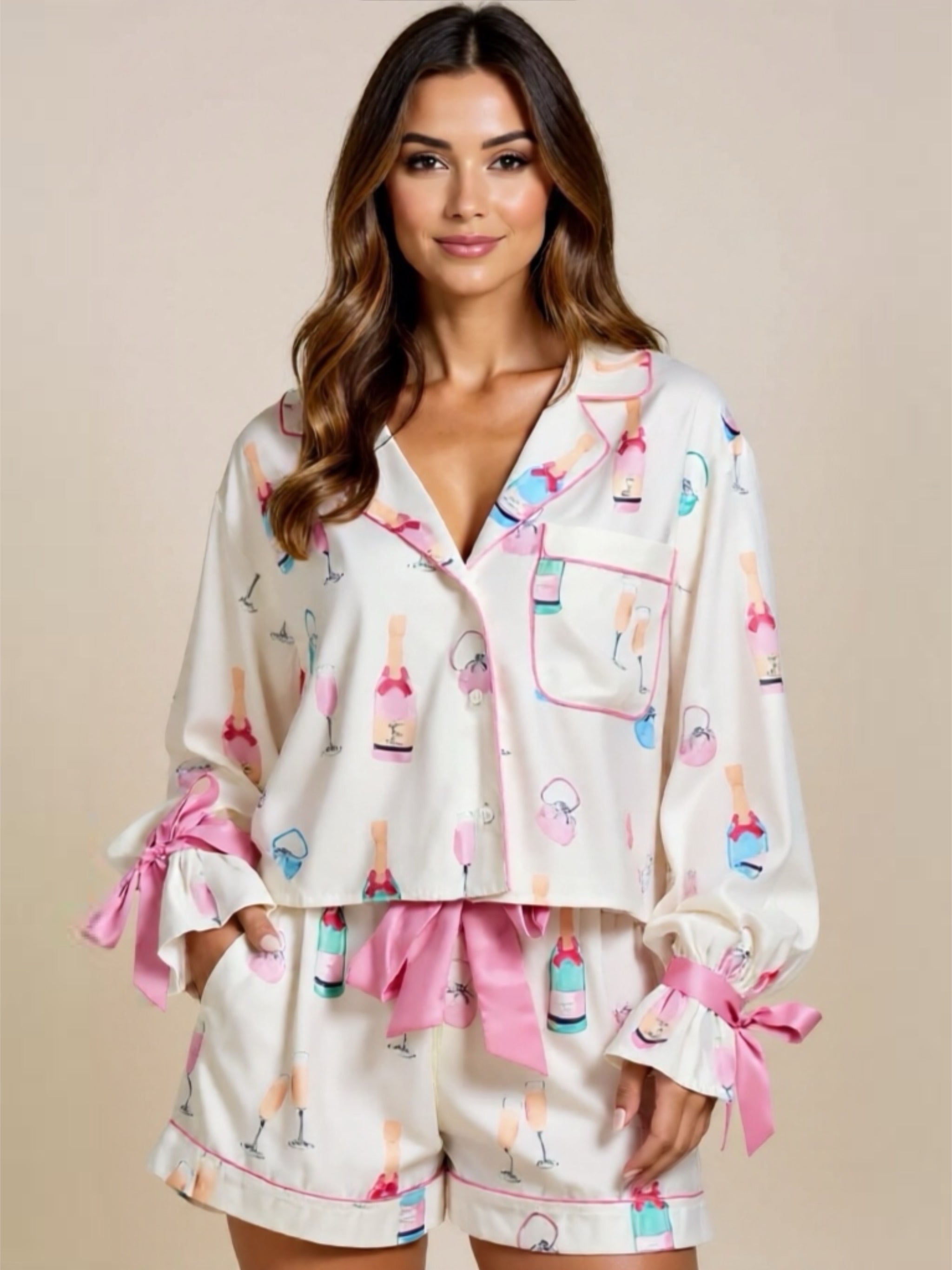 Bow Collared Neck Top & Drawstring Shorts Pajama Set