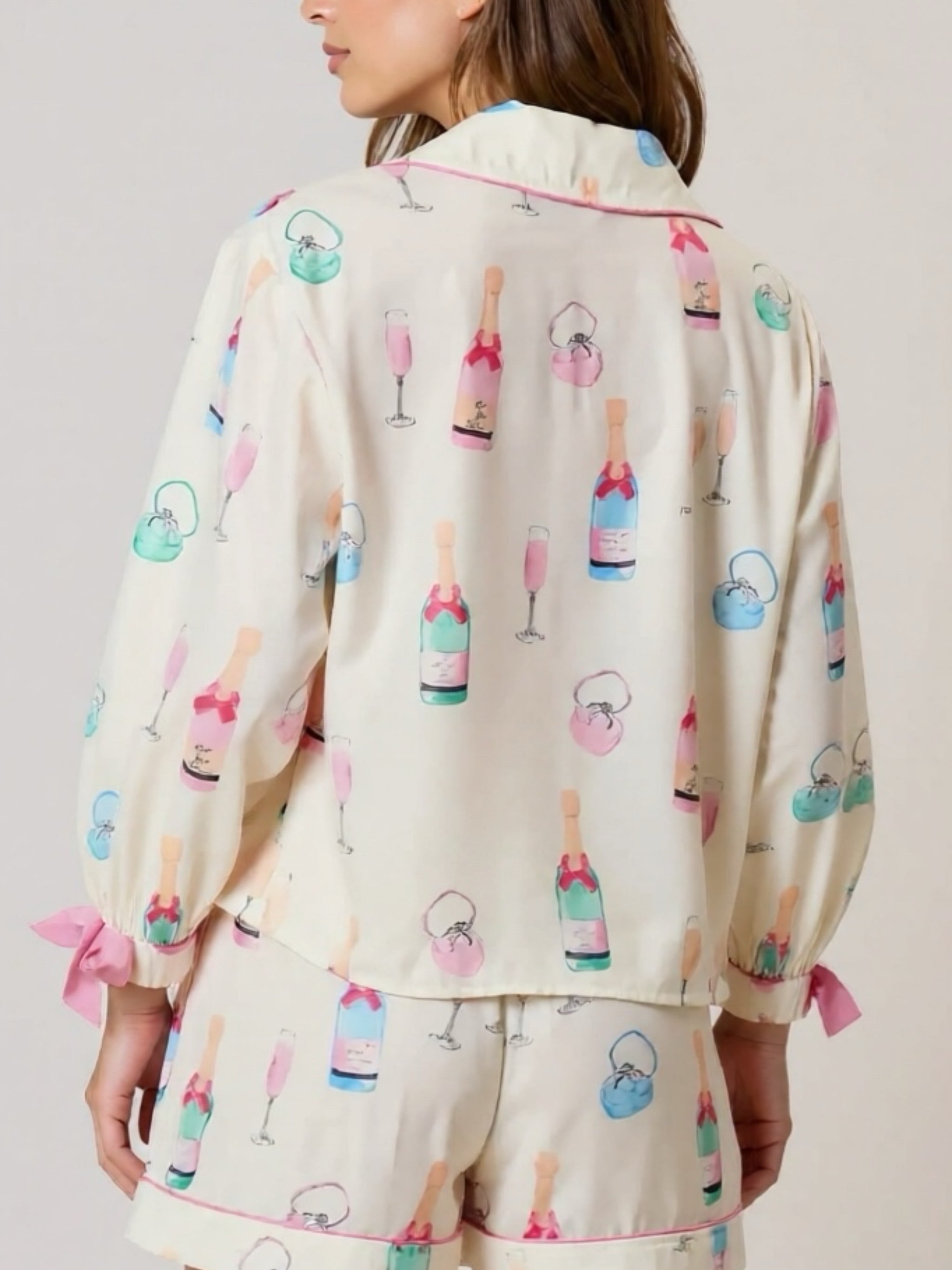 Bow Collared Neck Top & Drawstring Shorts Pajama Set