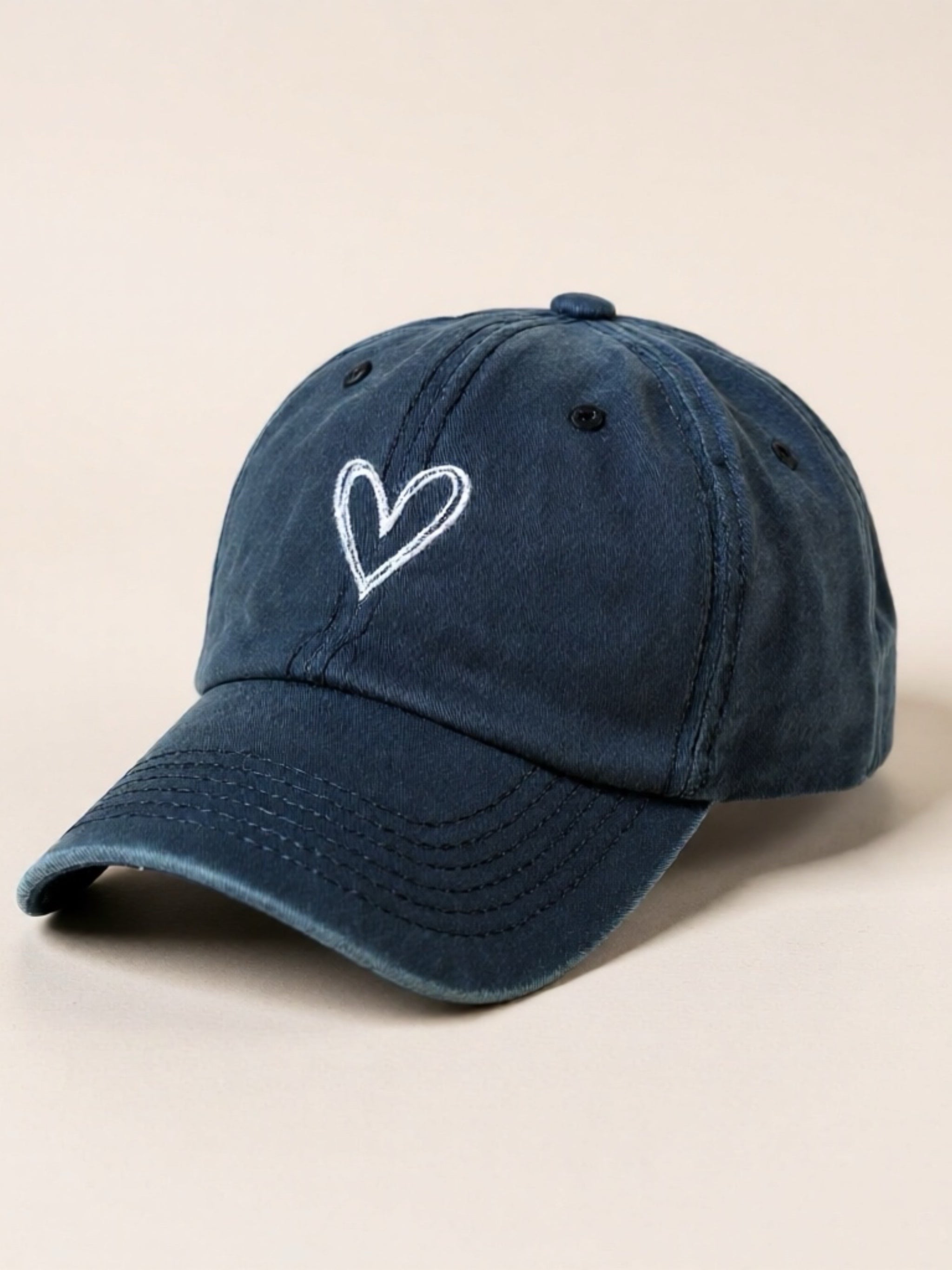Embroidered Heart Washed Cotton Baseball Cap
