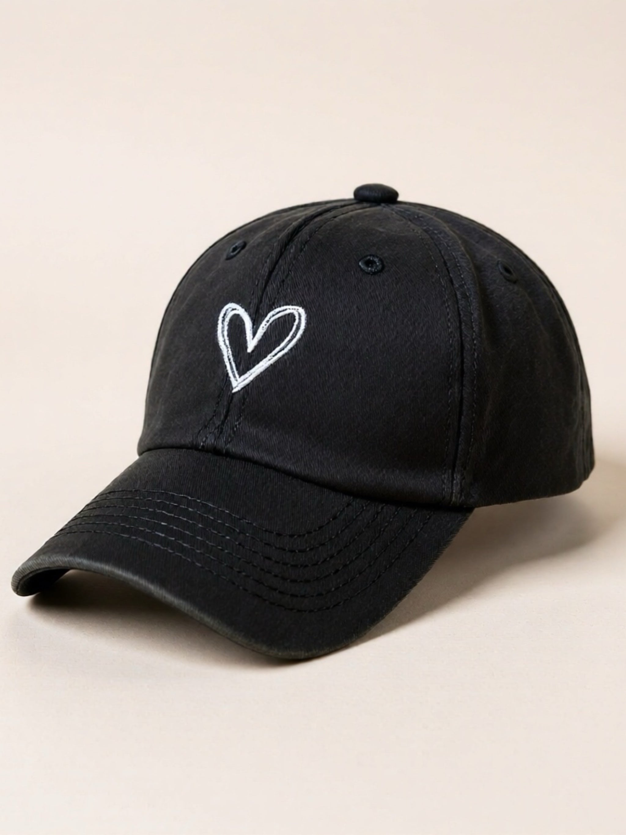 Embroidered Heart Washed Cotton Baseball Cap