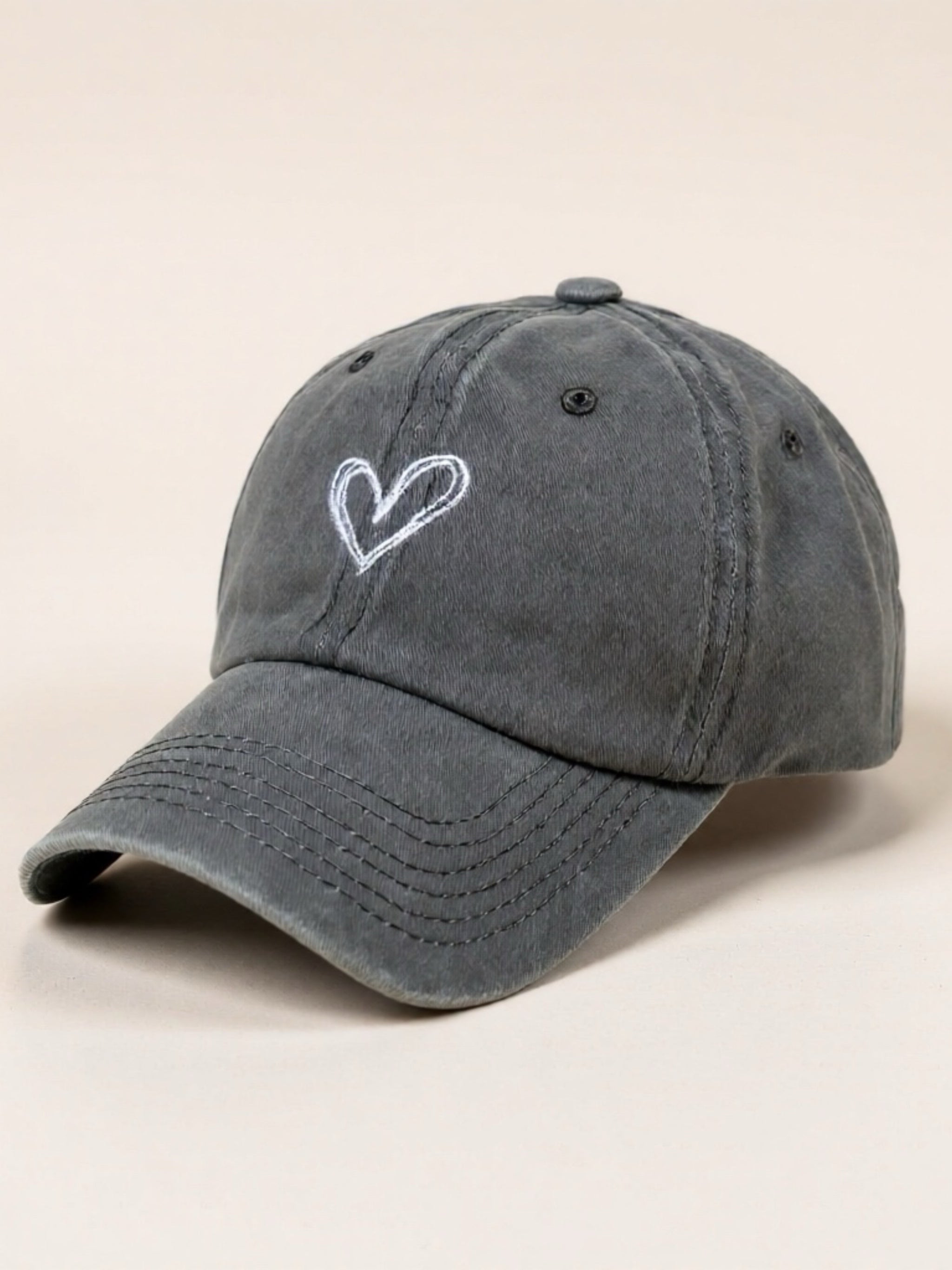 Embroidered Heart Washed Cotton Baseball Cap