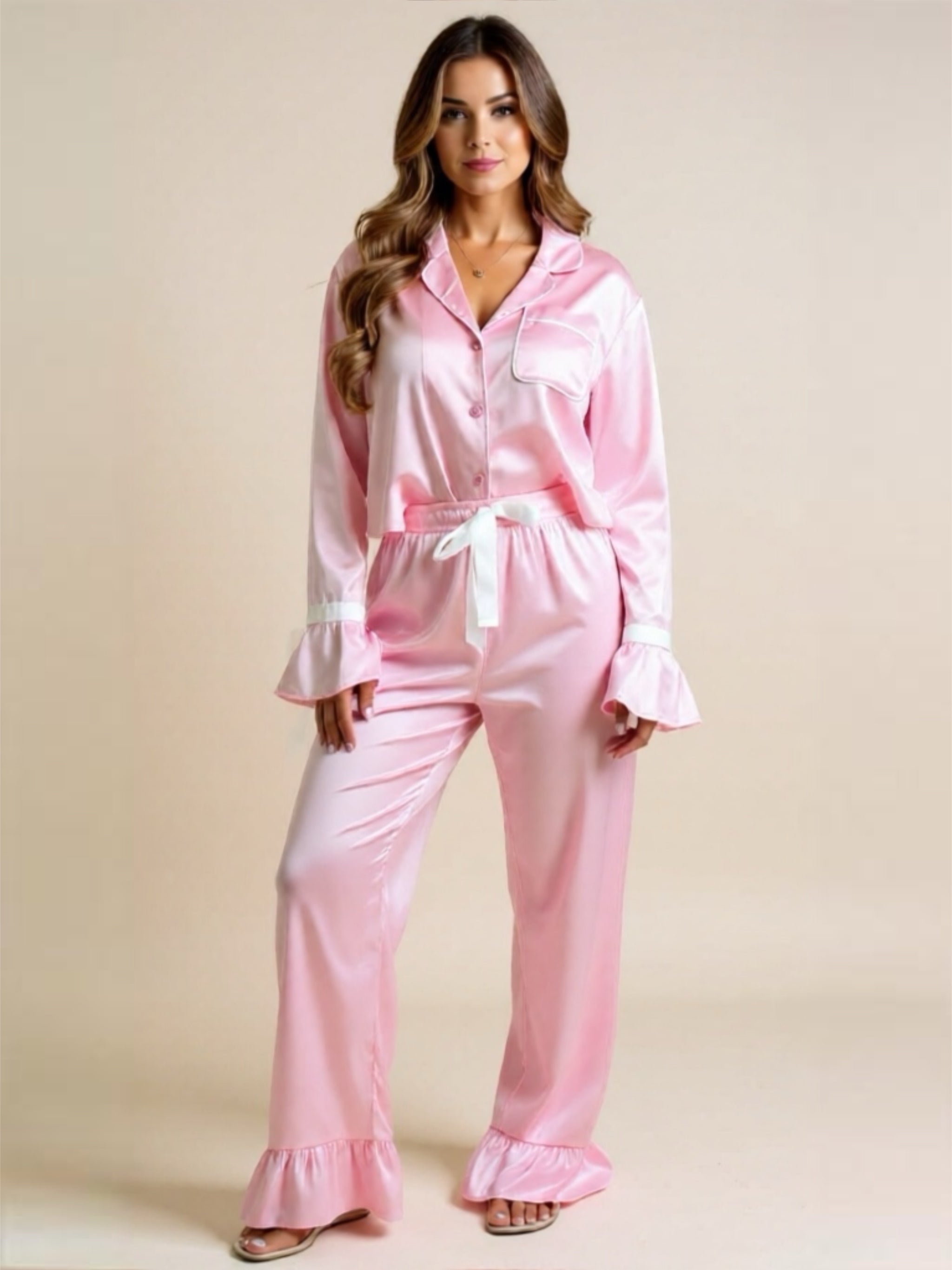 Collared Neck Long Sleeve Top & Pants Pajama Set
