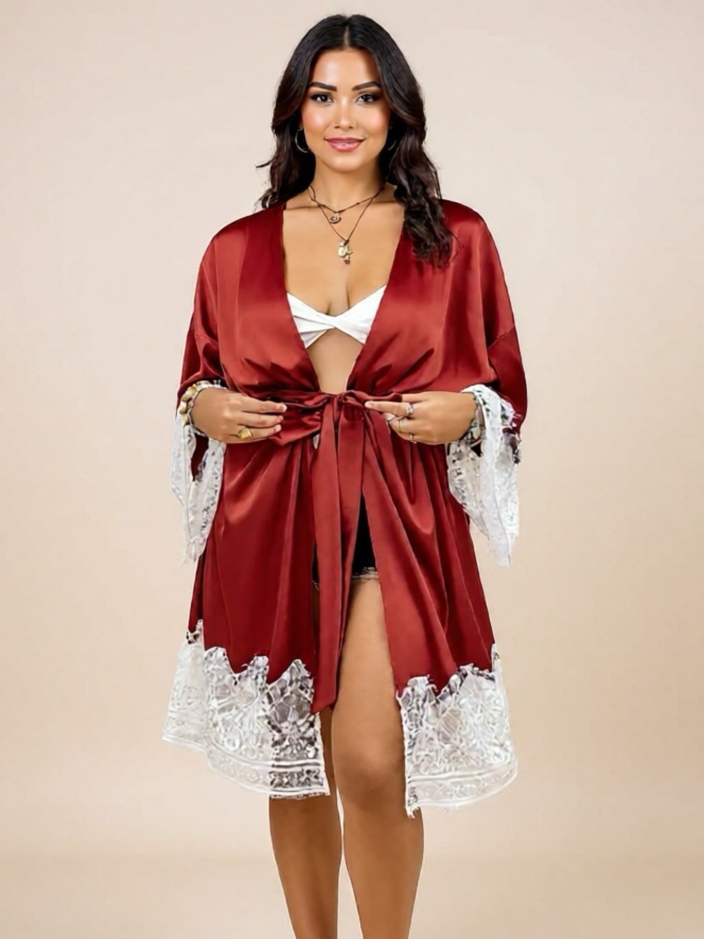 Lace Patchwork Tie Front Robe