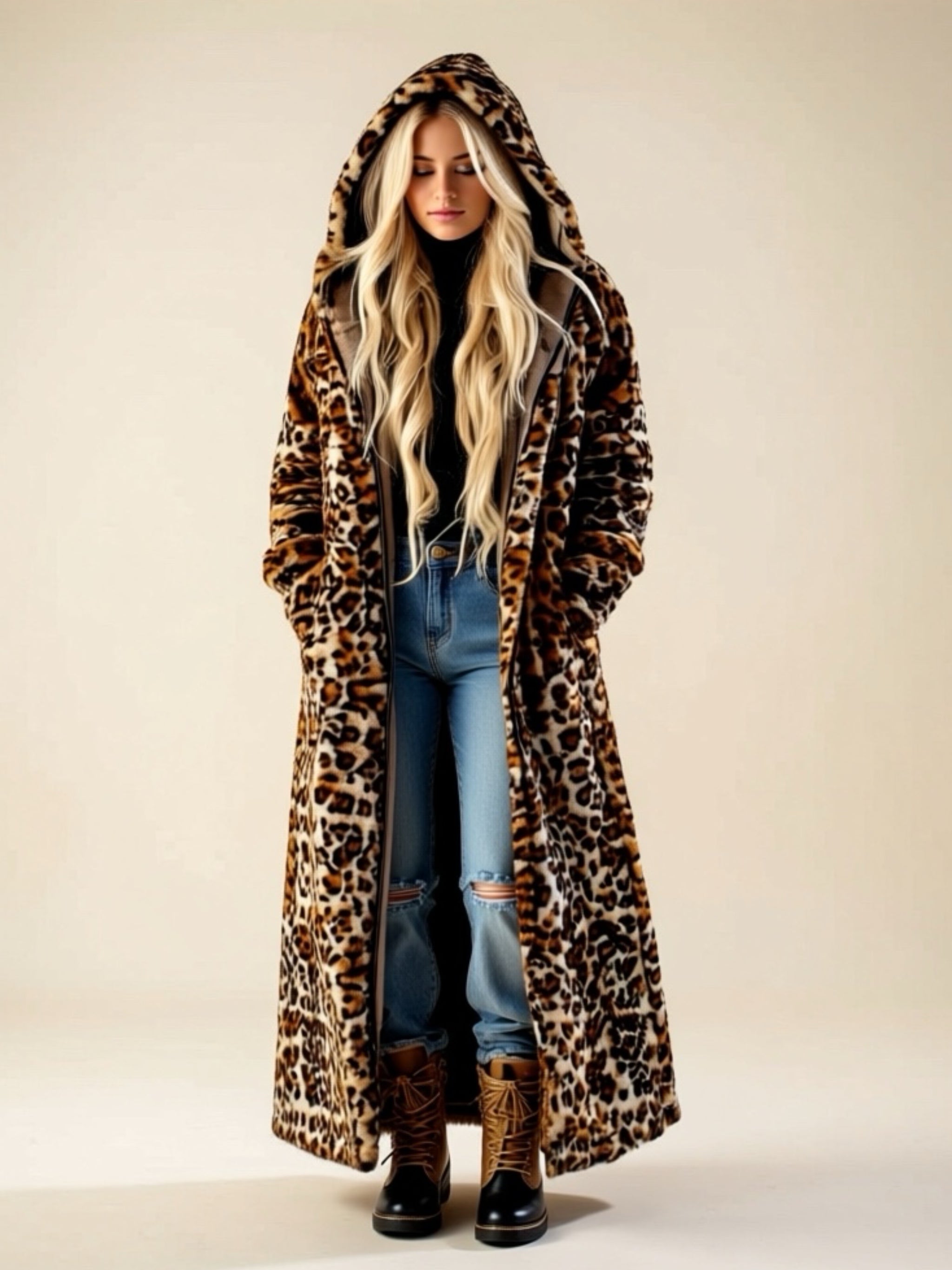 Extra Thick Long Leopard Print Hooded Coat