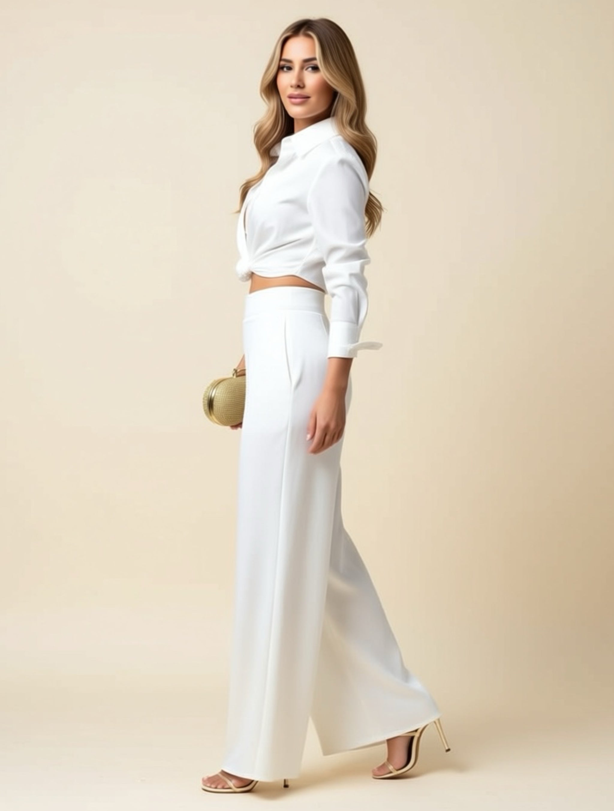 Elegant Long‑Sleeve Wrap Top & Wide‑Leg Pant Set