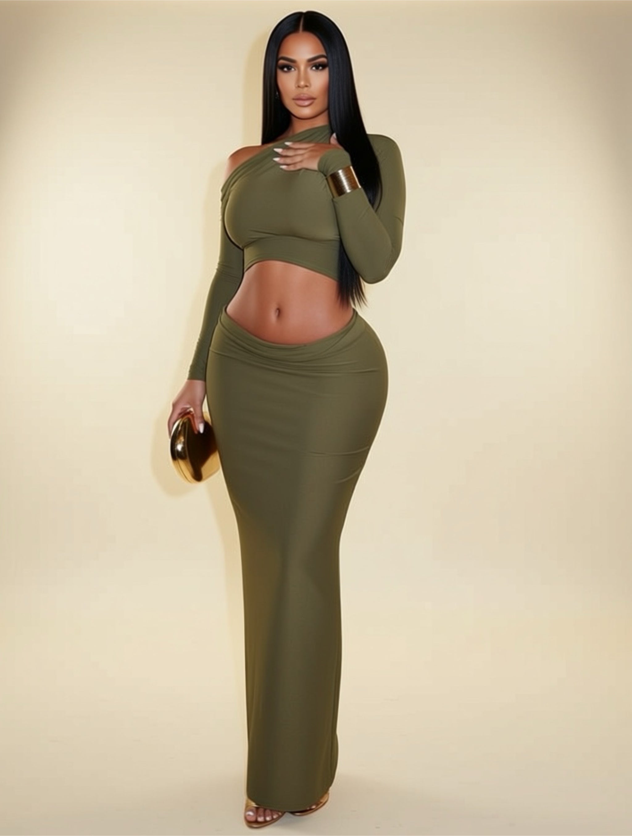 One‑Shoulder Long Sleeve Crop Top & Maxi Skirt Set
