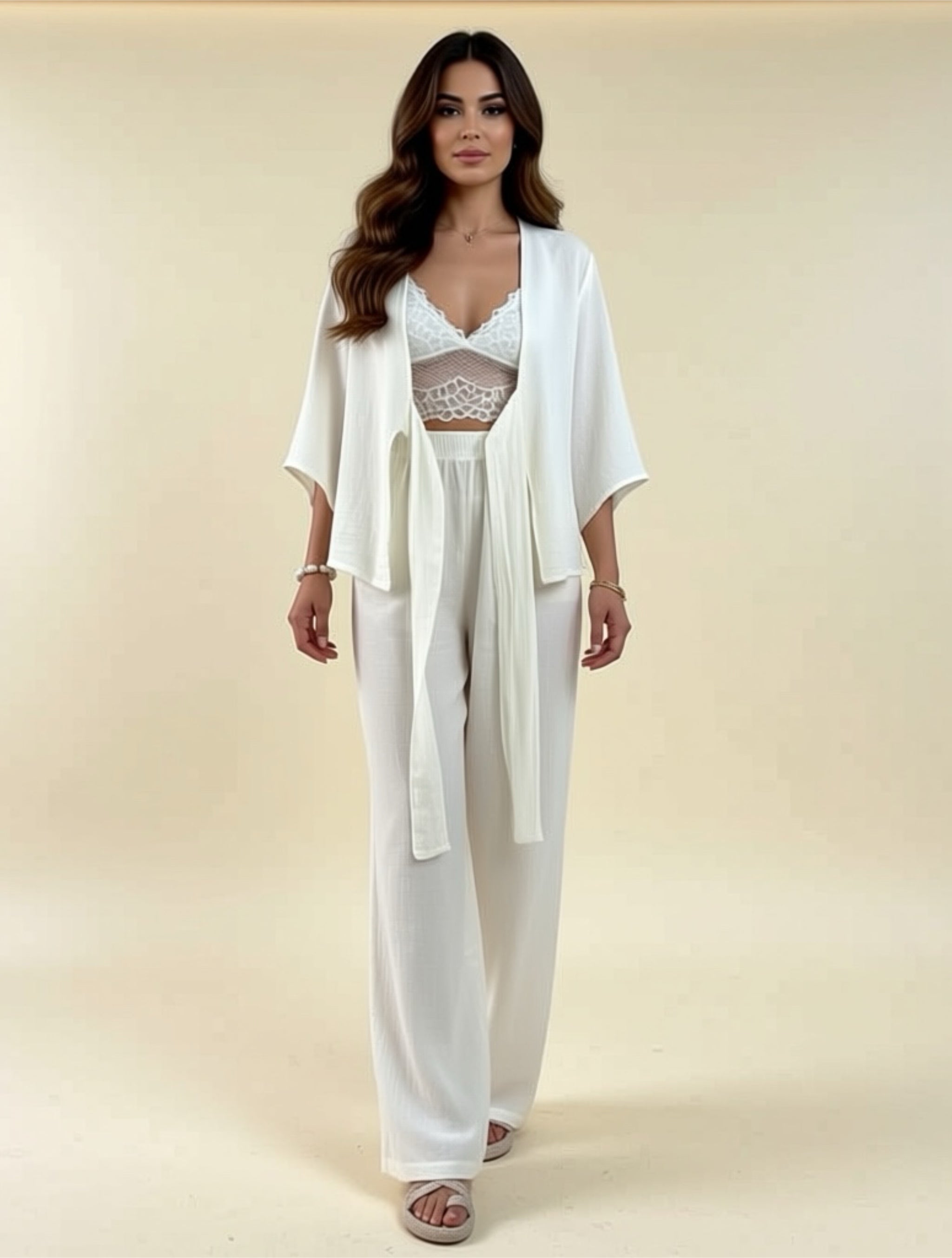 Cotton Wide‑Leg Pant Set with Kimono Sleeve Cardigan