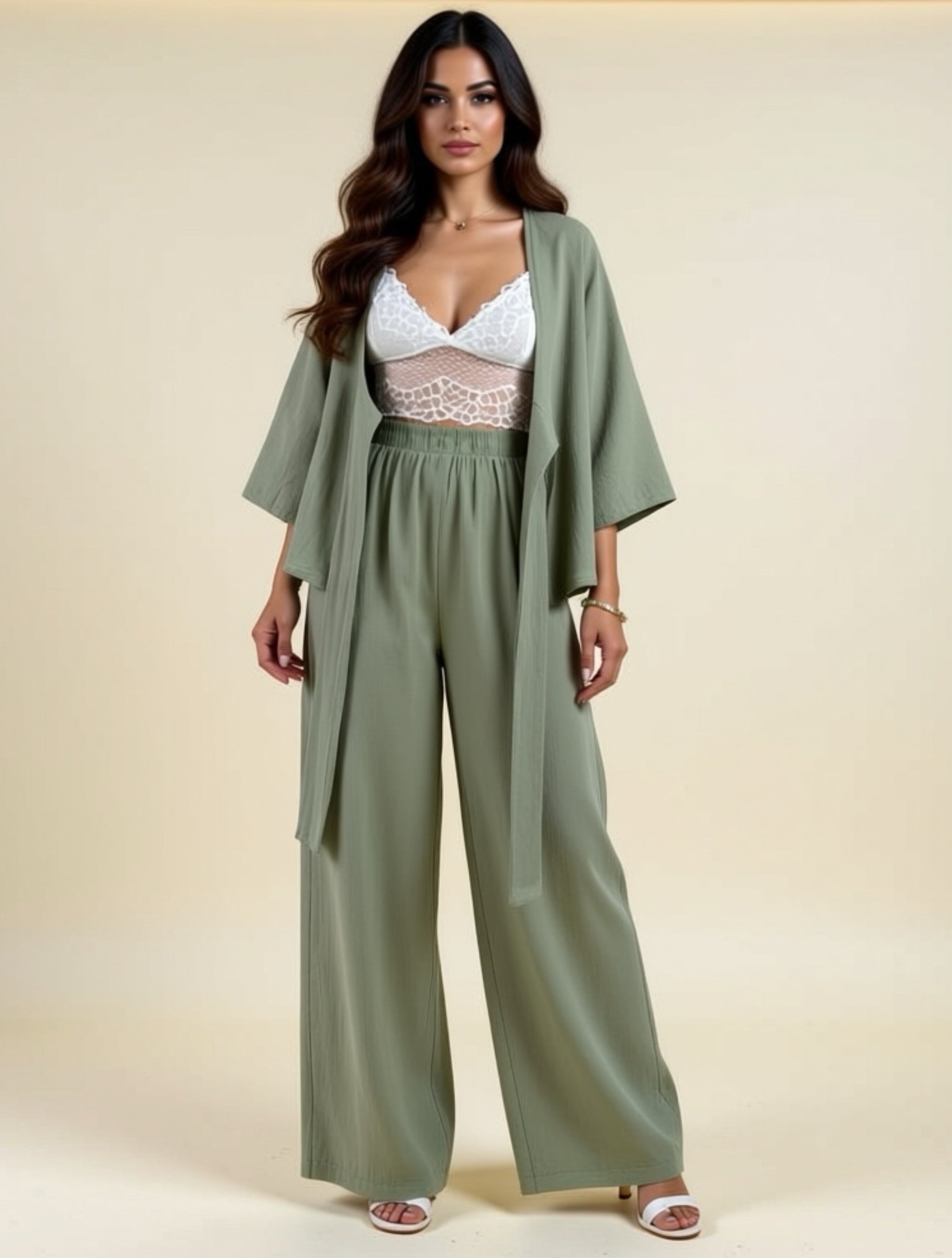 Cotton Wide‑Leg Pant Set with Kimono Sleeve Cardigan