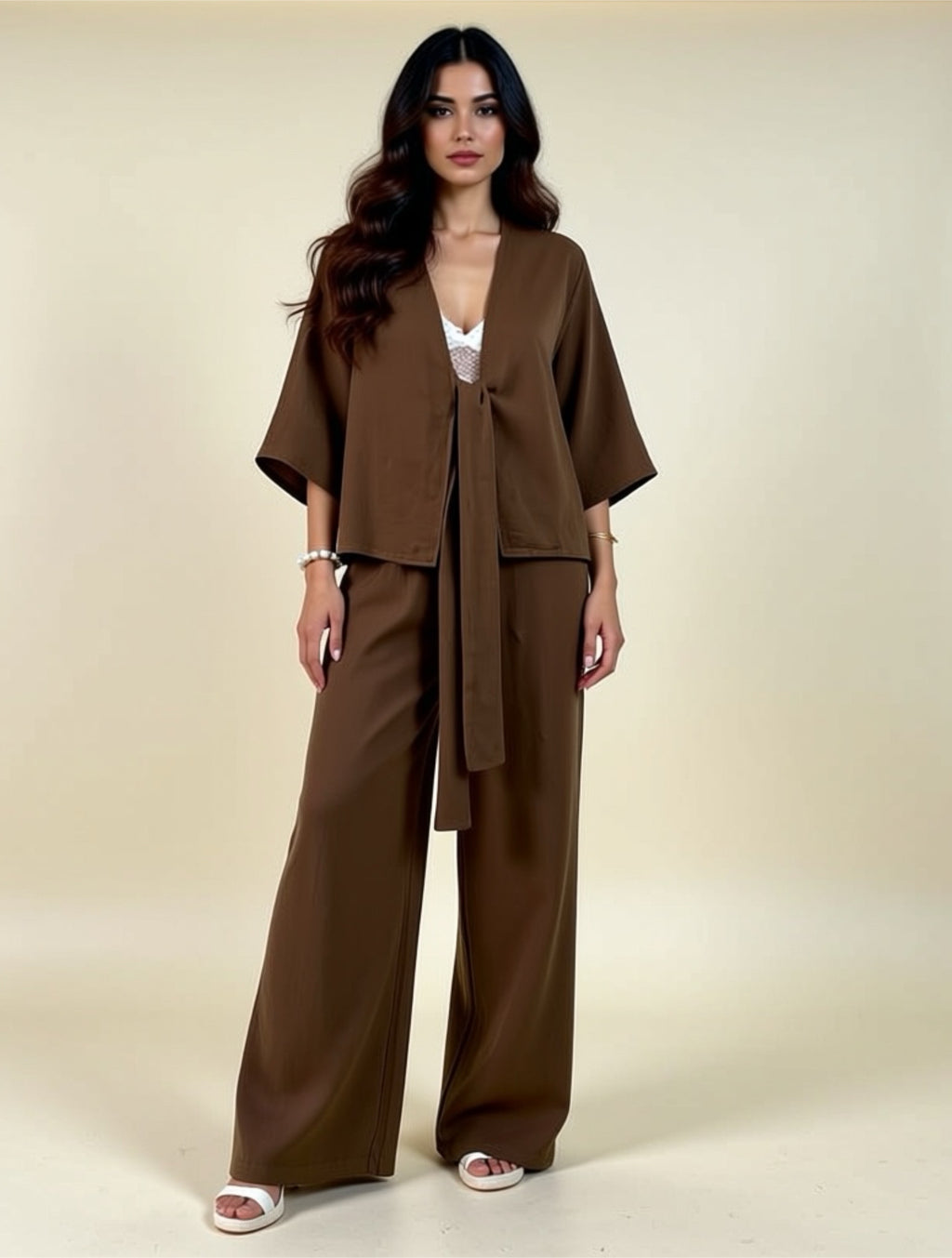 Cotton Wide‑Leg Pant Set with Kimono Sleeve Cardigan