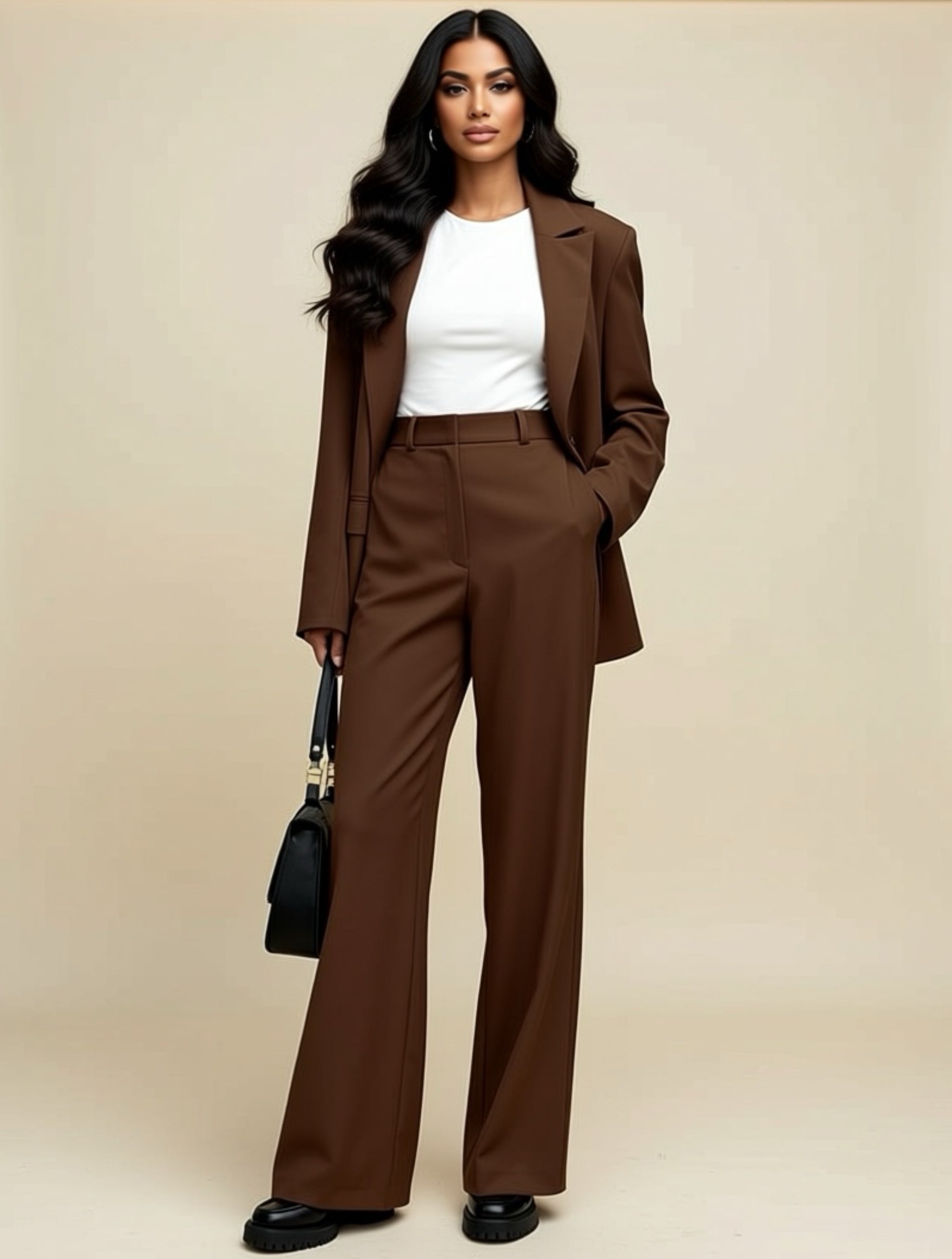 Brown Solid‑Color Blazer & Wide‑Leg Pant Set