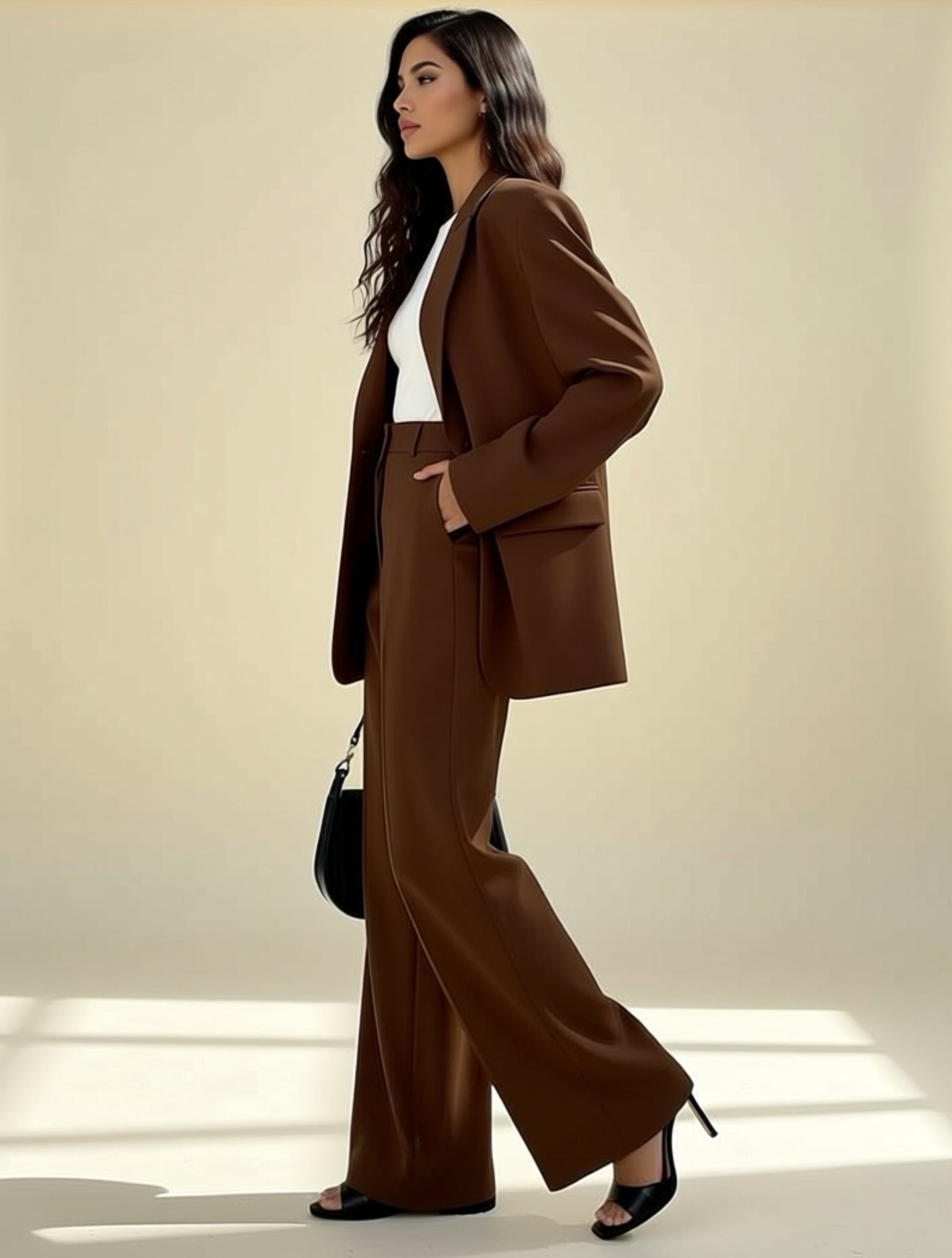 Brown Solid‑Color Blazer & Wide‑Leg Pant Set