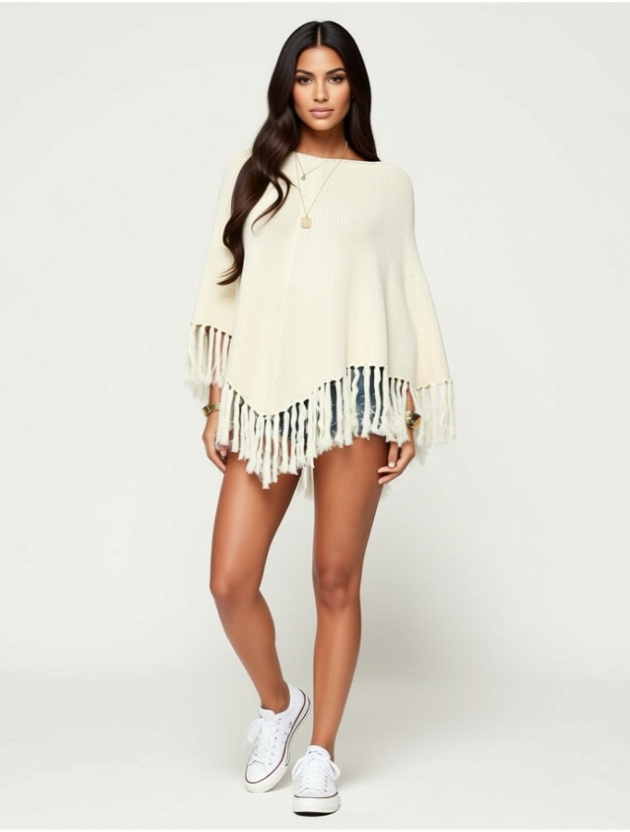 Fringe Hem Knit Poncho