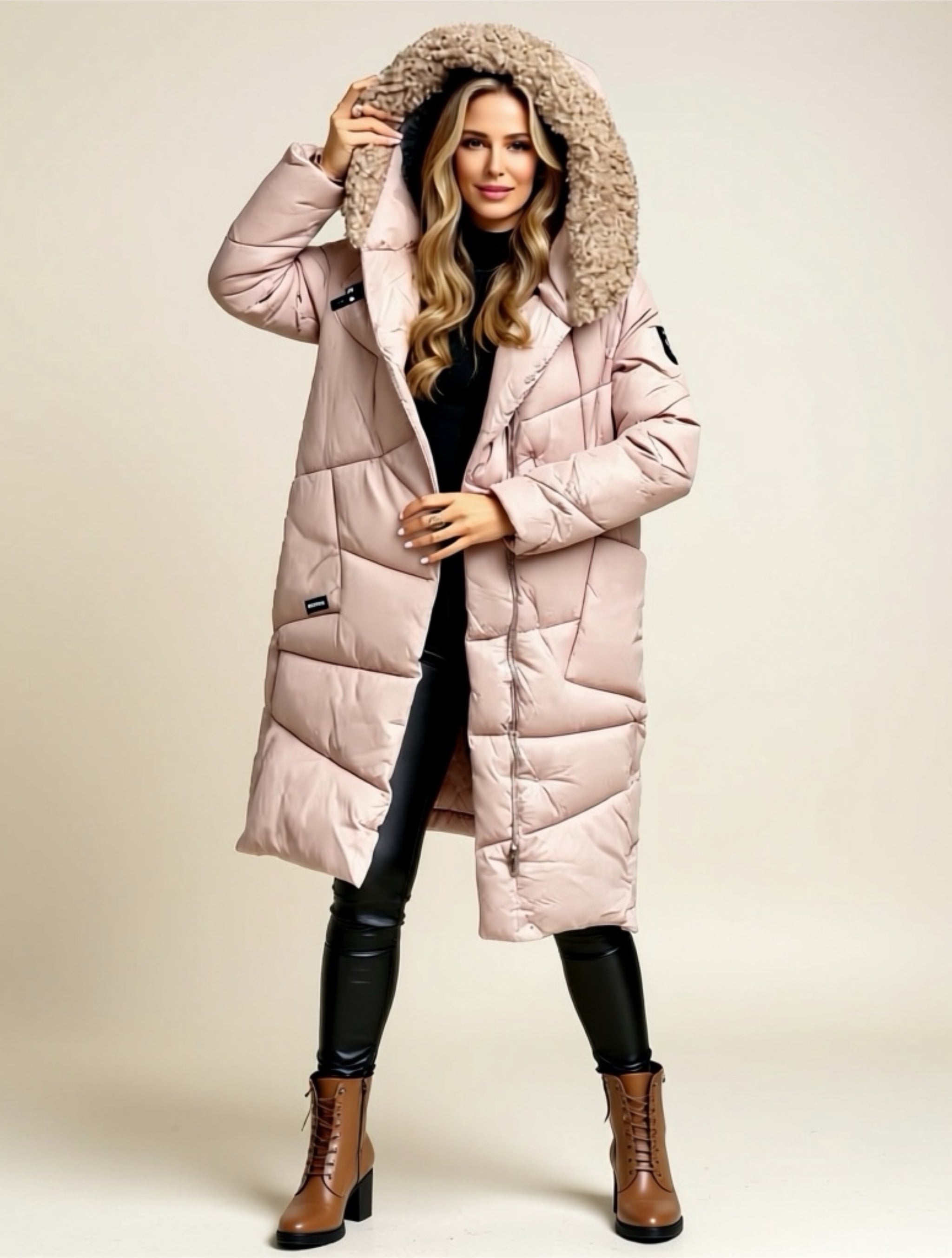 Long Puffer Coat with Faux Fur Hood