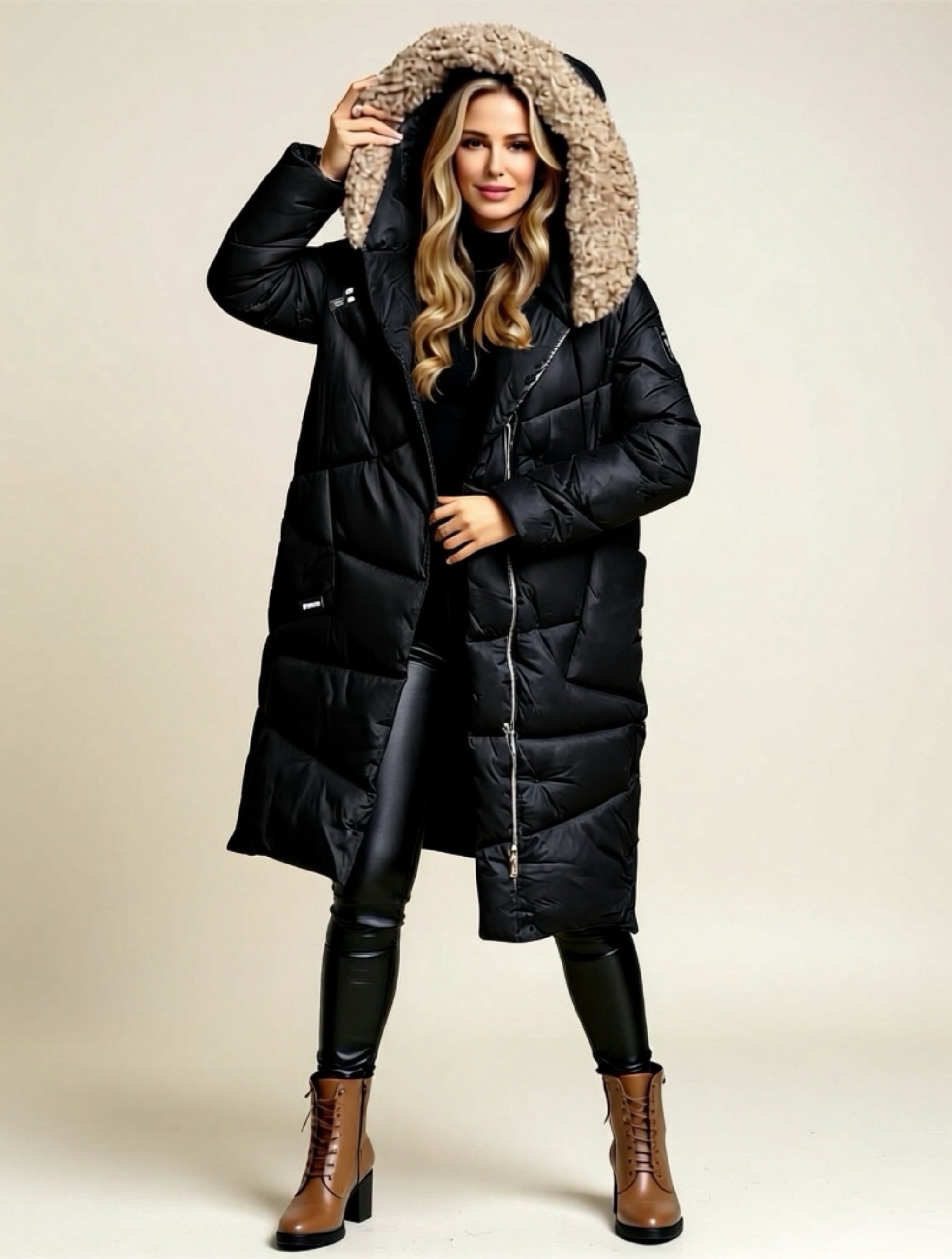 Long Puffer Coat with Faux Fur Hood