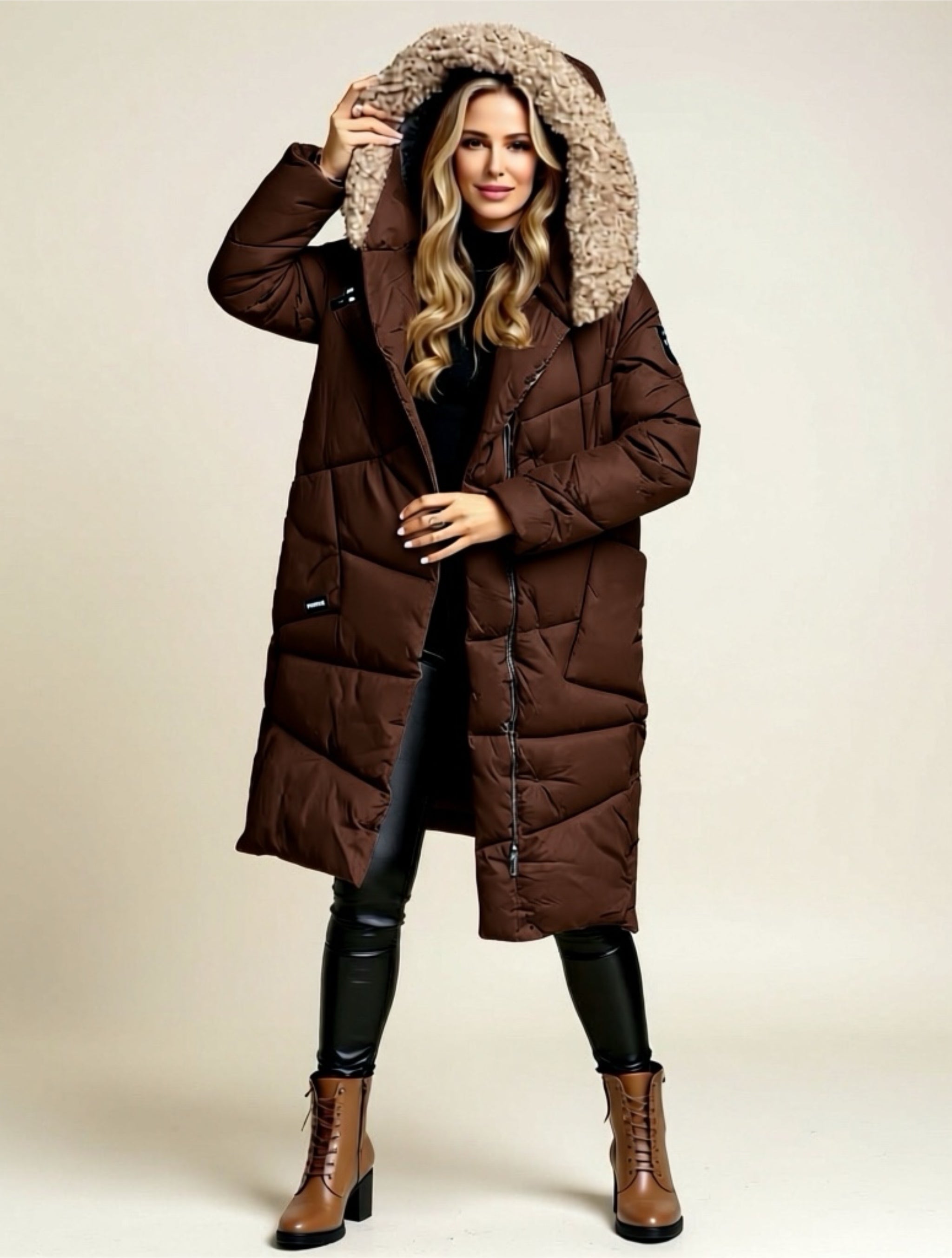 Long Puffer Coat with Faux Fur Hood