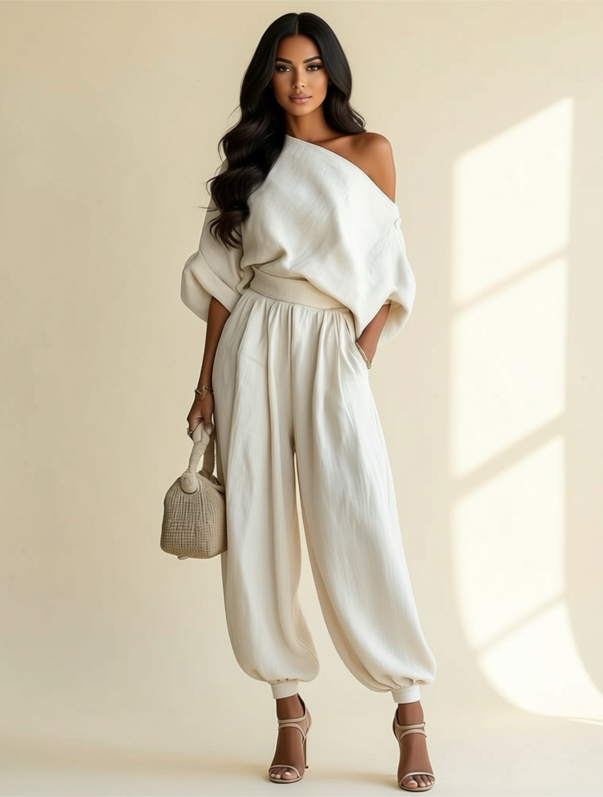 Beige Off‑Shoulder Lounge Set