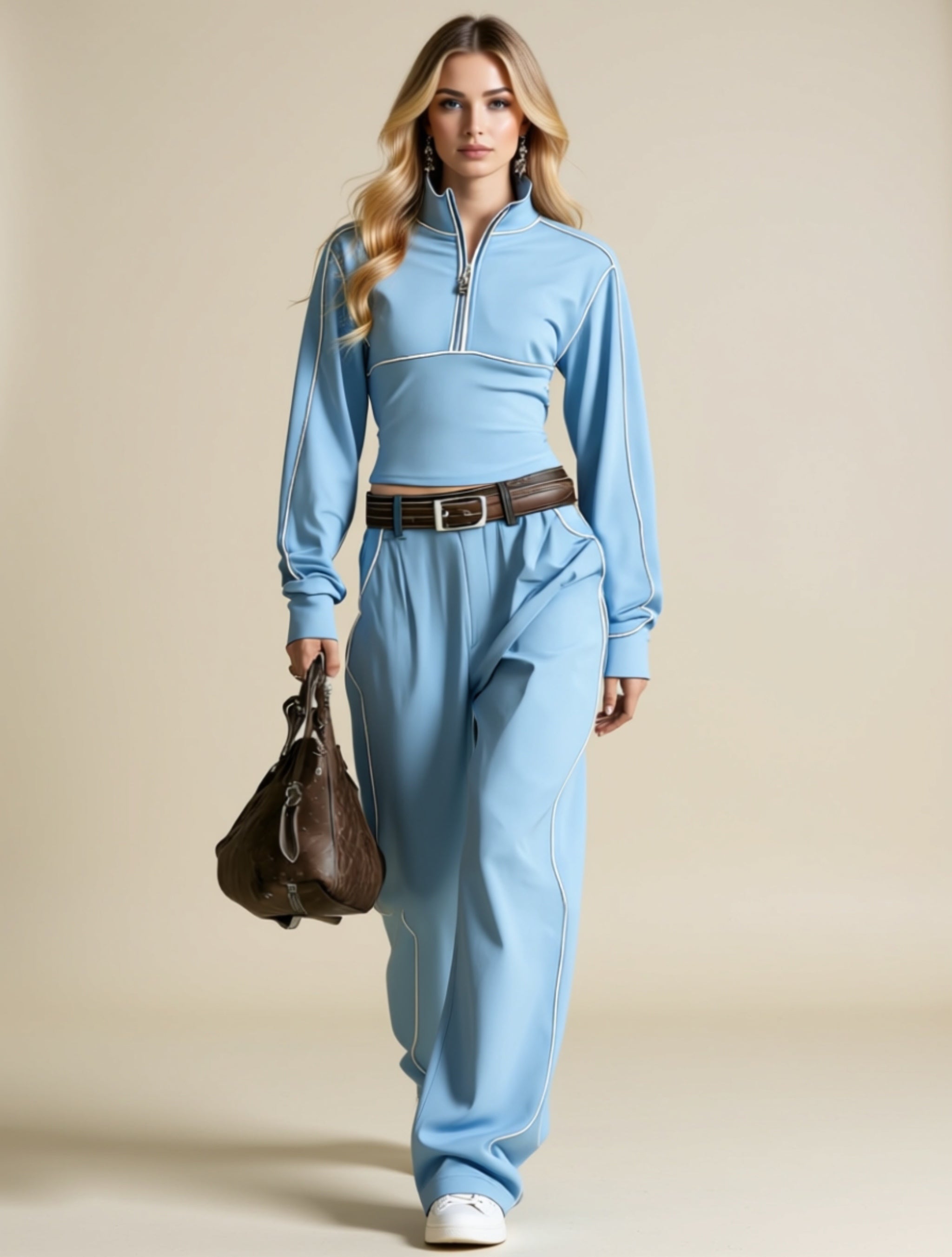 Slim-Fit Half‑Zip Sweatshirt & Wide‑Leg Pants Set