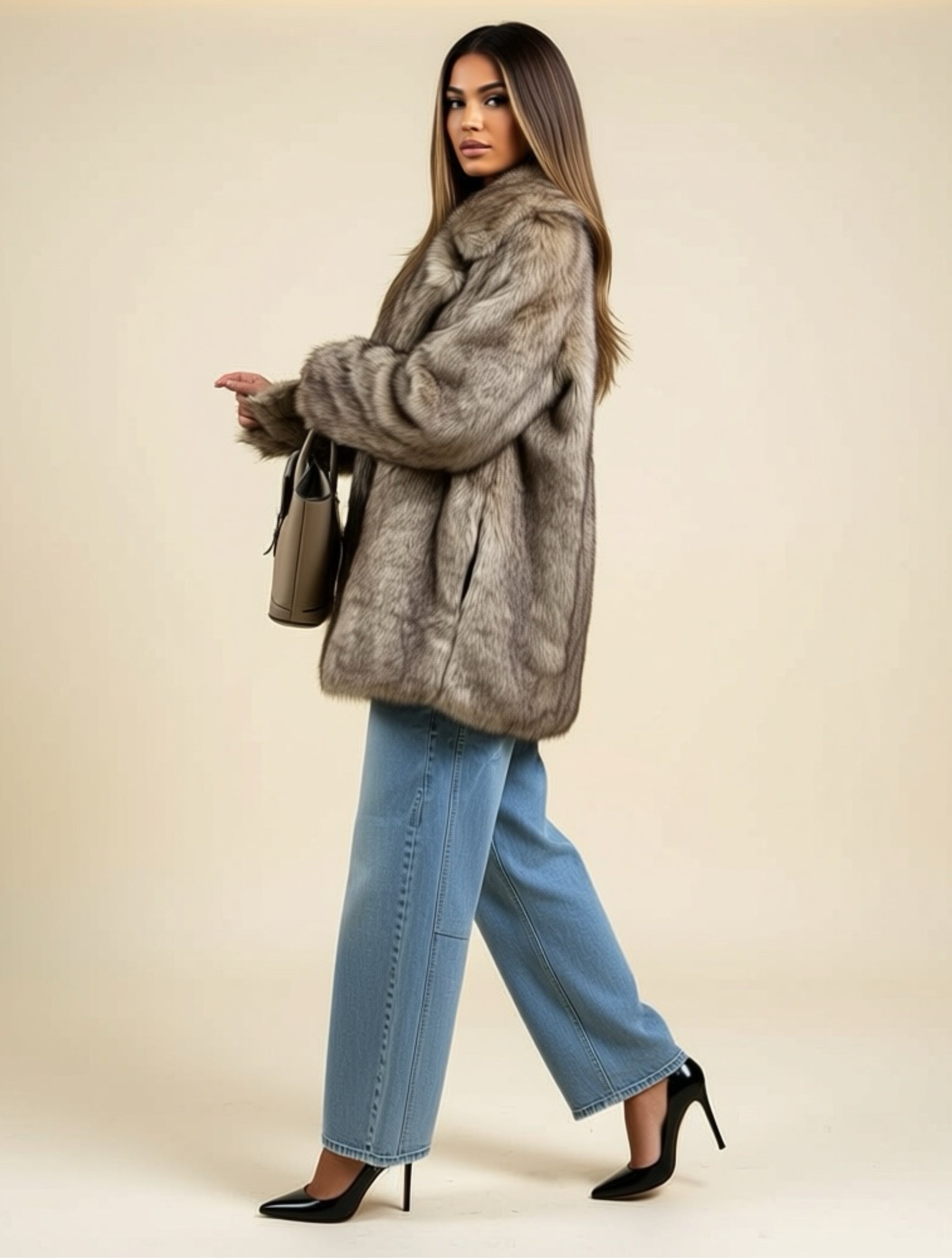 Luxury Brown Faux Fur Coat