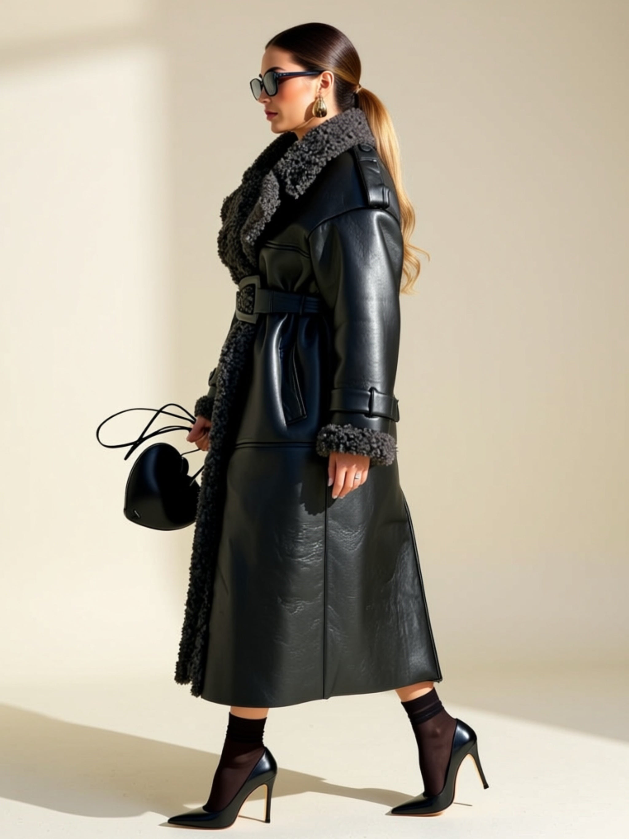 Long Black Faux Fur Lined Belted Coat