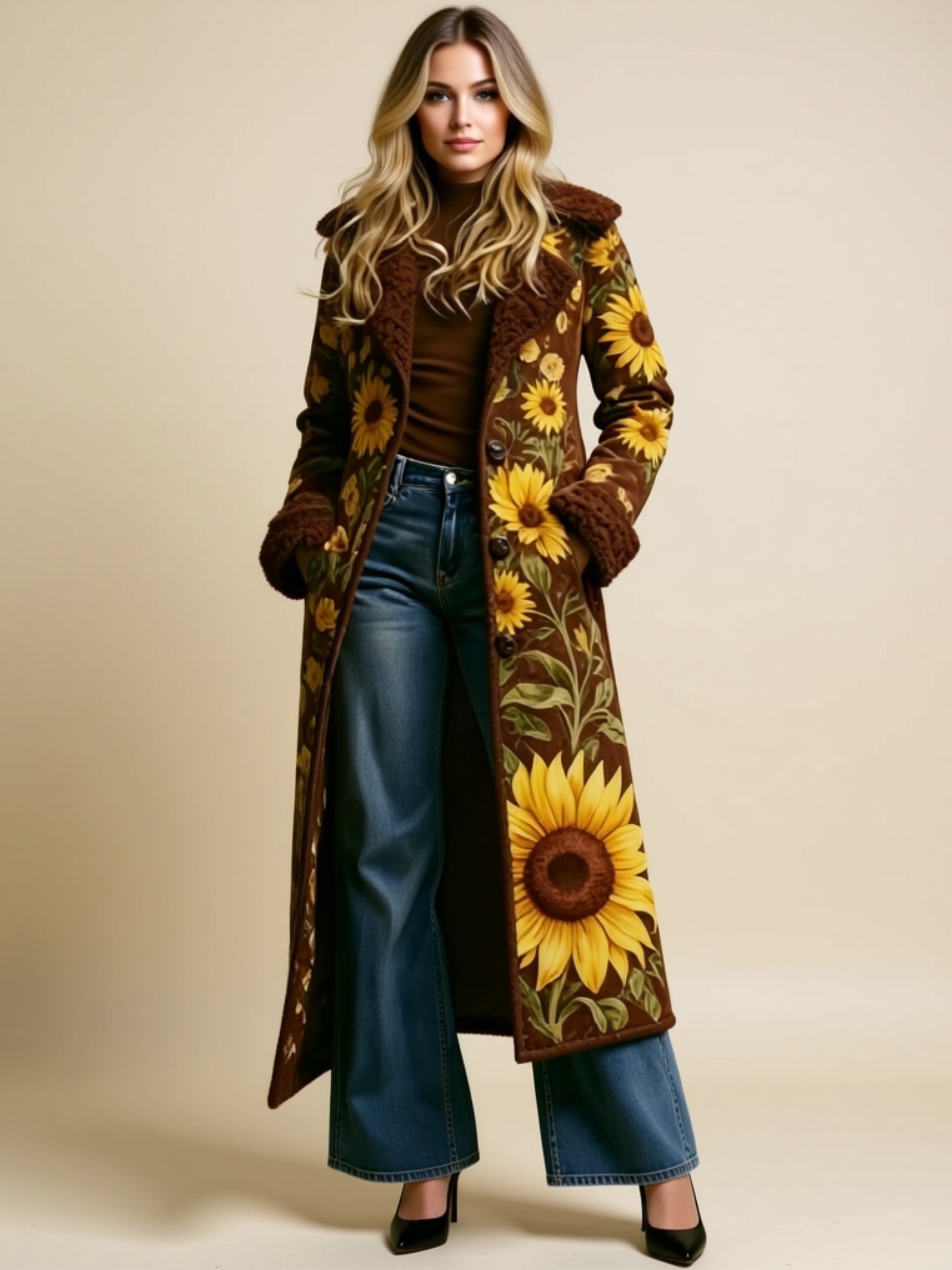 Long Sunflower Print Coat