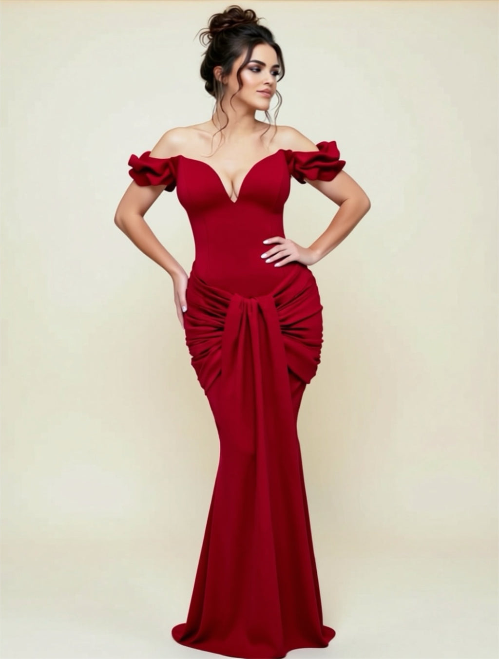 Off‑Shoulder Ruffle Sleeve Mermaid Evening Gown