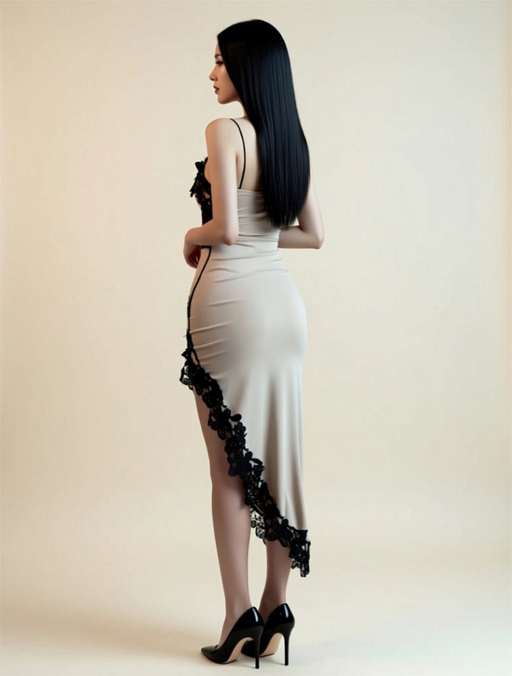 Lace Appliqué Slit Bodycon Midi Dress