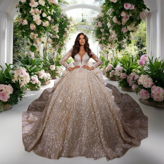 Beaded Sequin Long Sleeve Bridal Ball Gown