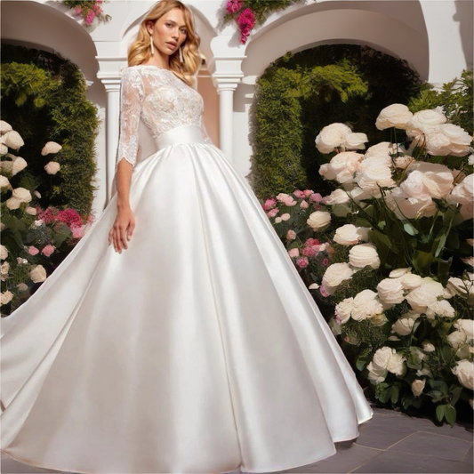 Satin & Lace Long-Sleeved Wedding Dress