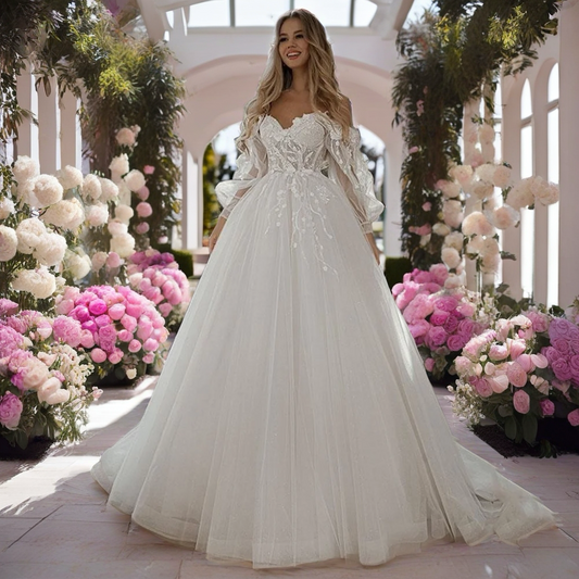 Elegant Off The Shoulder Puff Sleeve Wedding Dress with Lace Flowers