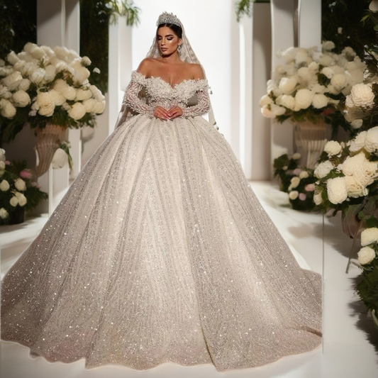 3D Flower Beaded Off The Shoulder Long Sleeve Bridal Gown