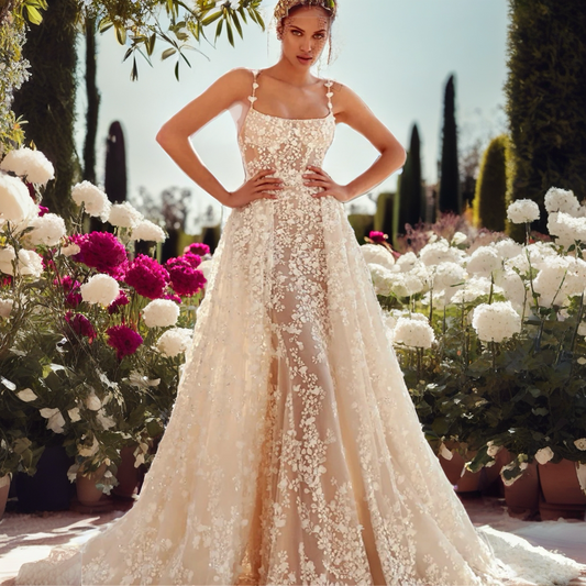 Spaghetti-Strapped Floral Appliquéd Wedding Dress