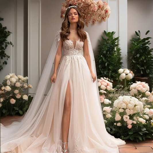Deep V Neck Romantic Wedding Dress
