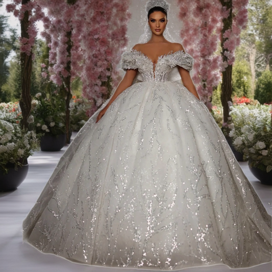 3D Flower Beaded Off The Shoulder Bridal Gown
