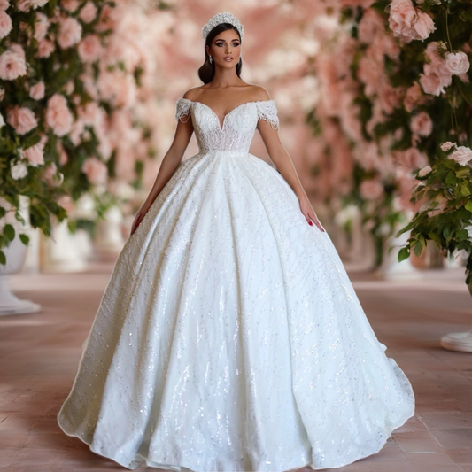 Off The Shoulder Lace Ball Gown Wedding Dress
